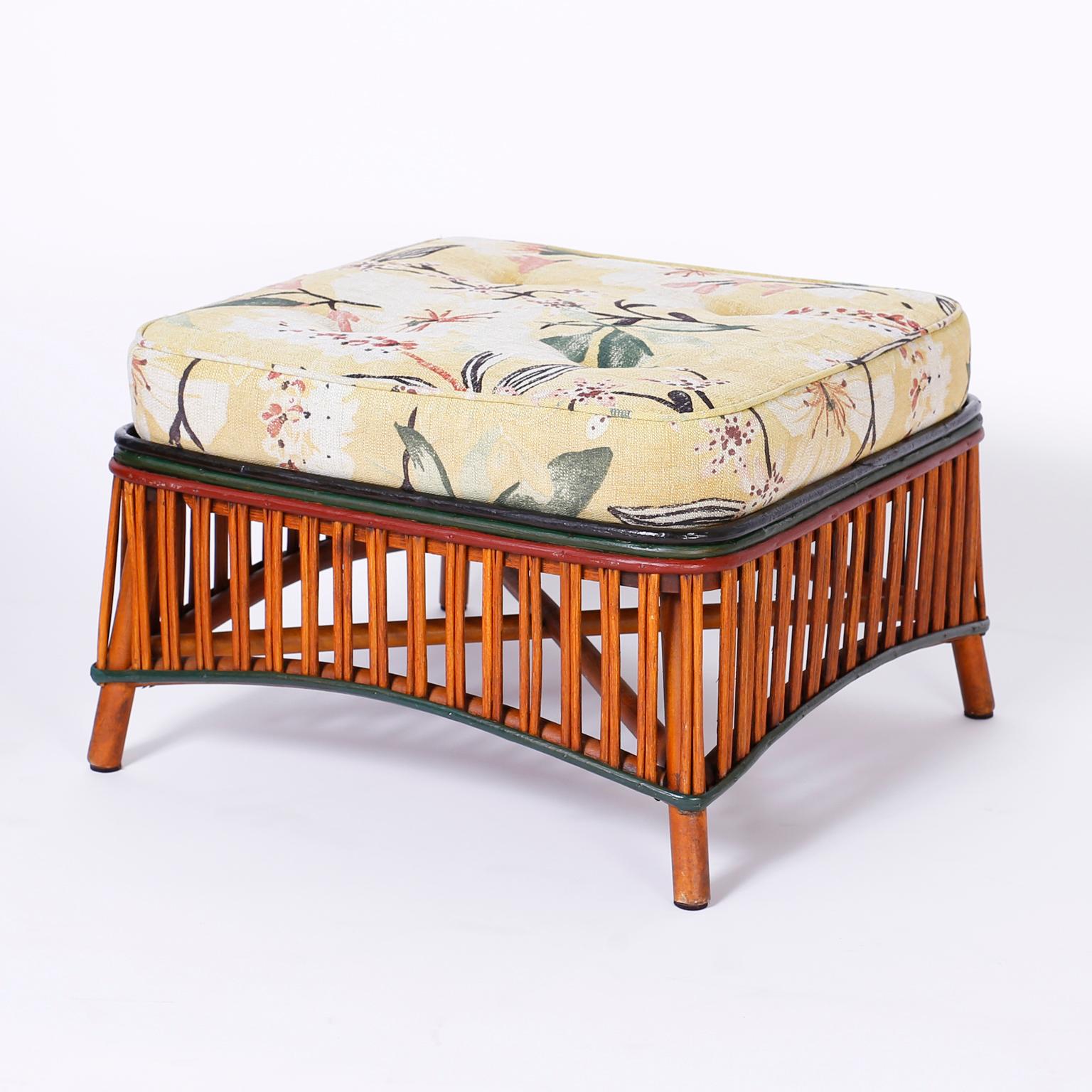 Woven Pair of Rattan Armchairs with Ottomans