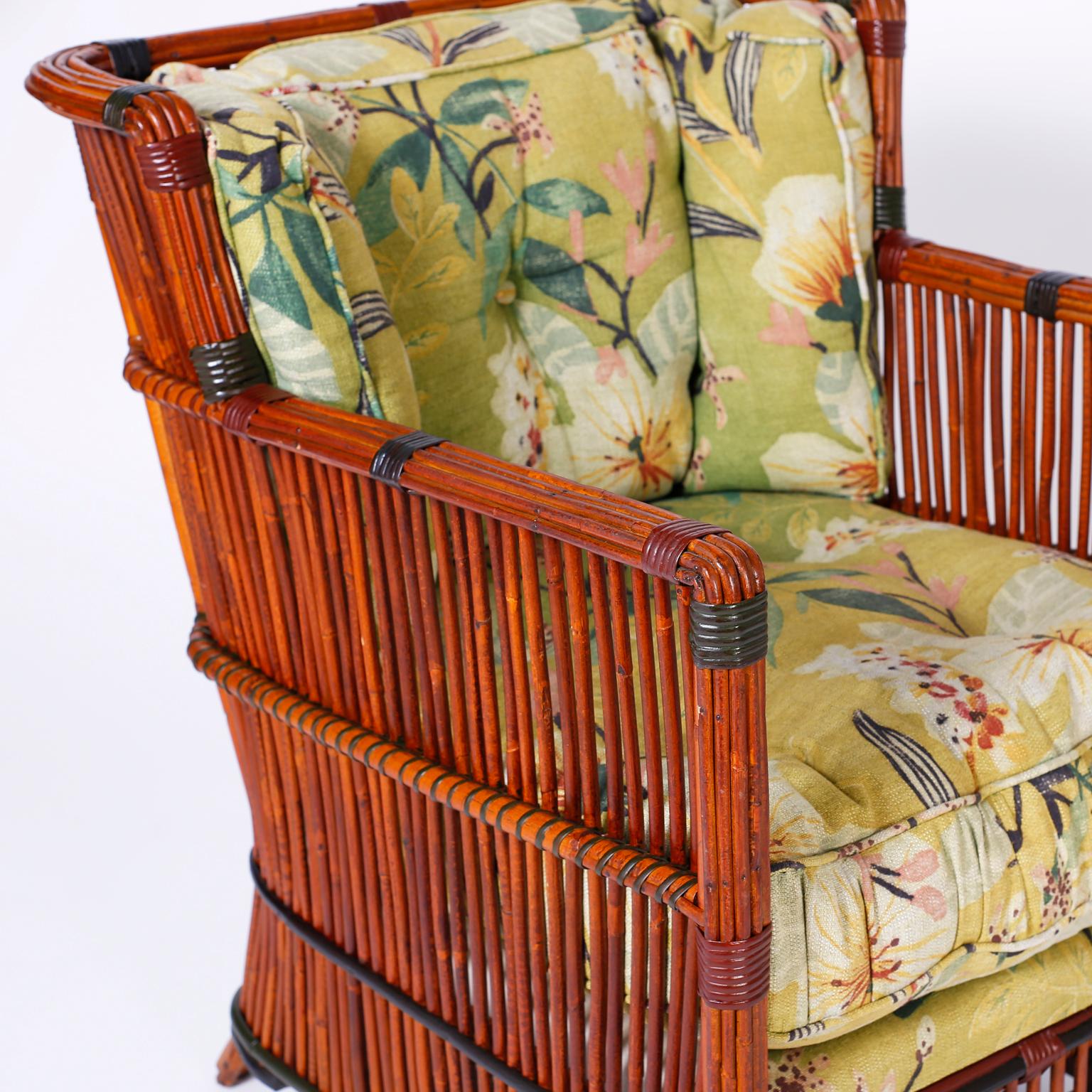 Pair of Rattan Armchairs with Ottomans In Good Condition In Palm Beach, FL