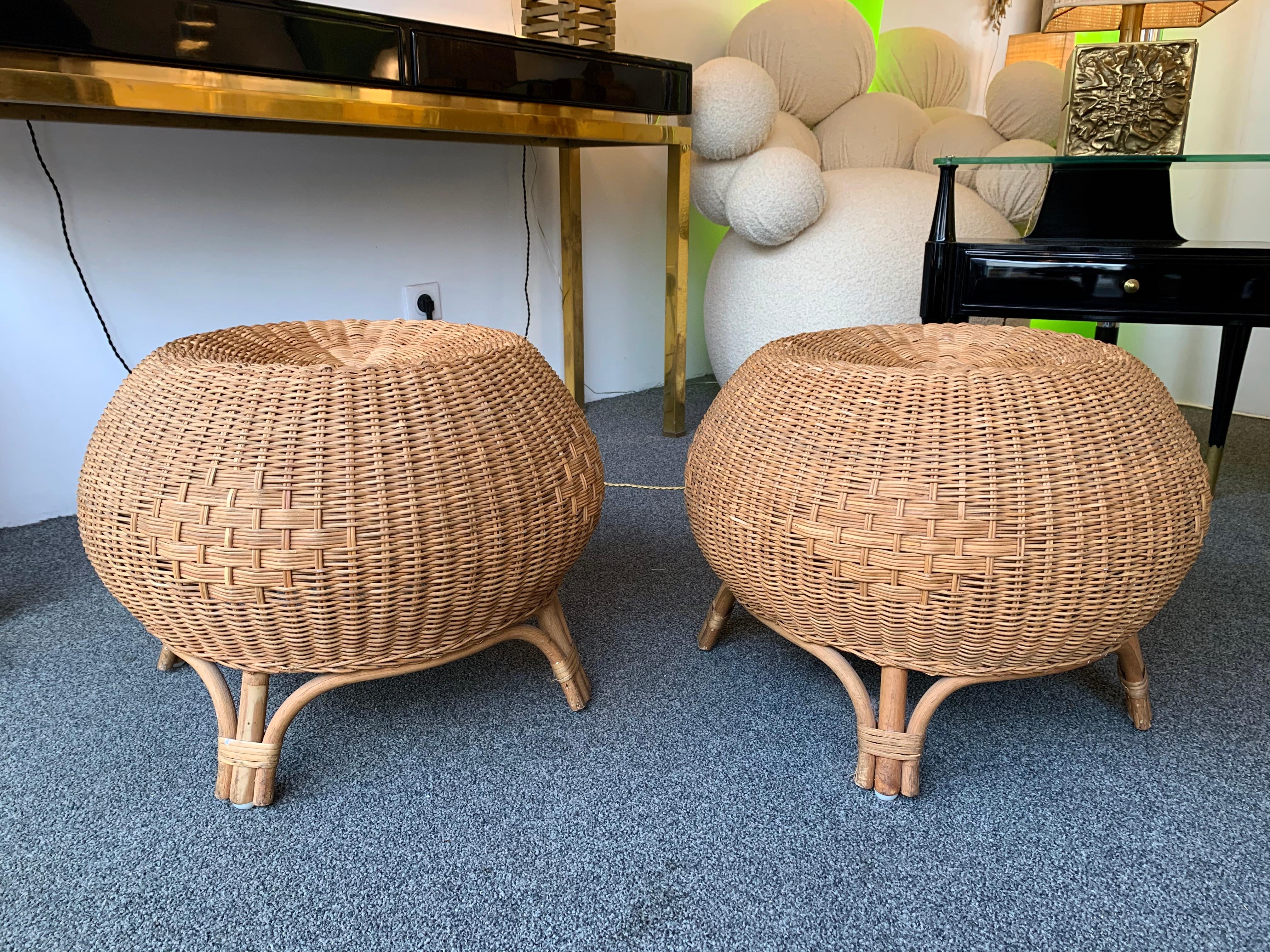 Pair of rattan ball poufs stools or ottamans.