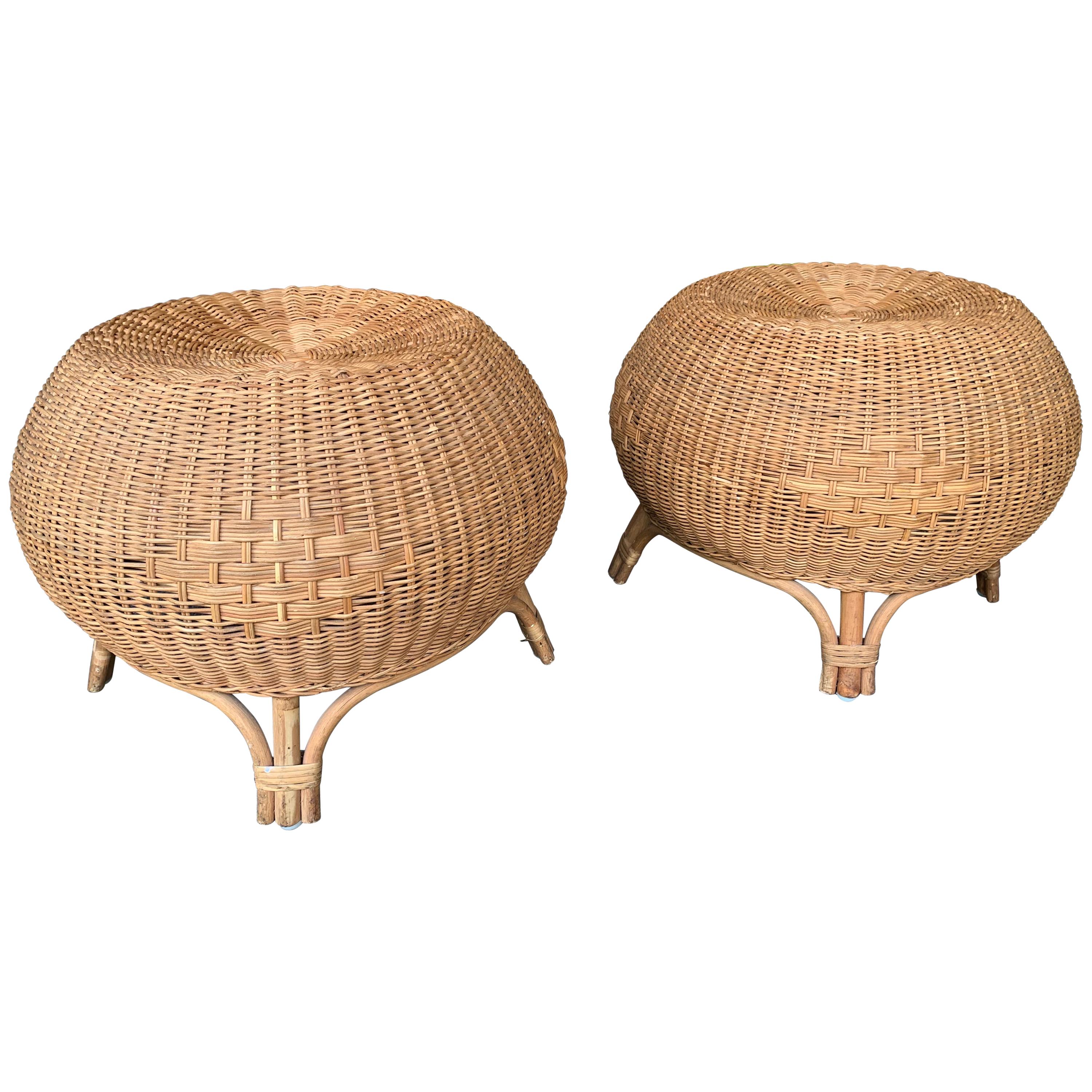 Pair of Rattan Ball Poufs Stools. Italy, 1970s