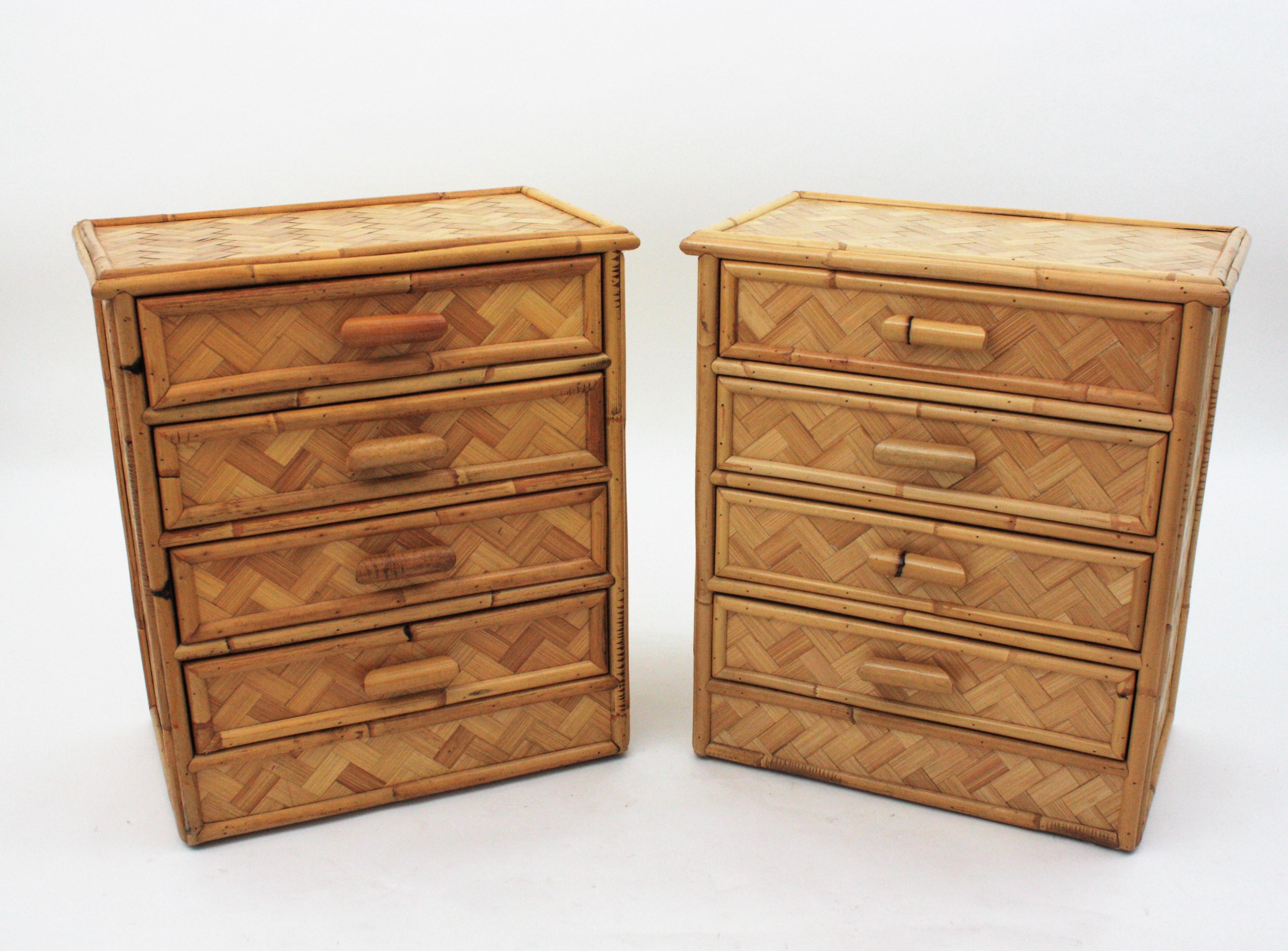 Mid-Century Modern Pair of Rattan Bamboo Nightstands / Small Chests, 1970s For Sale