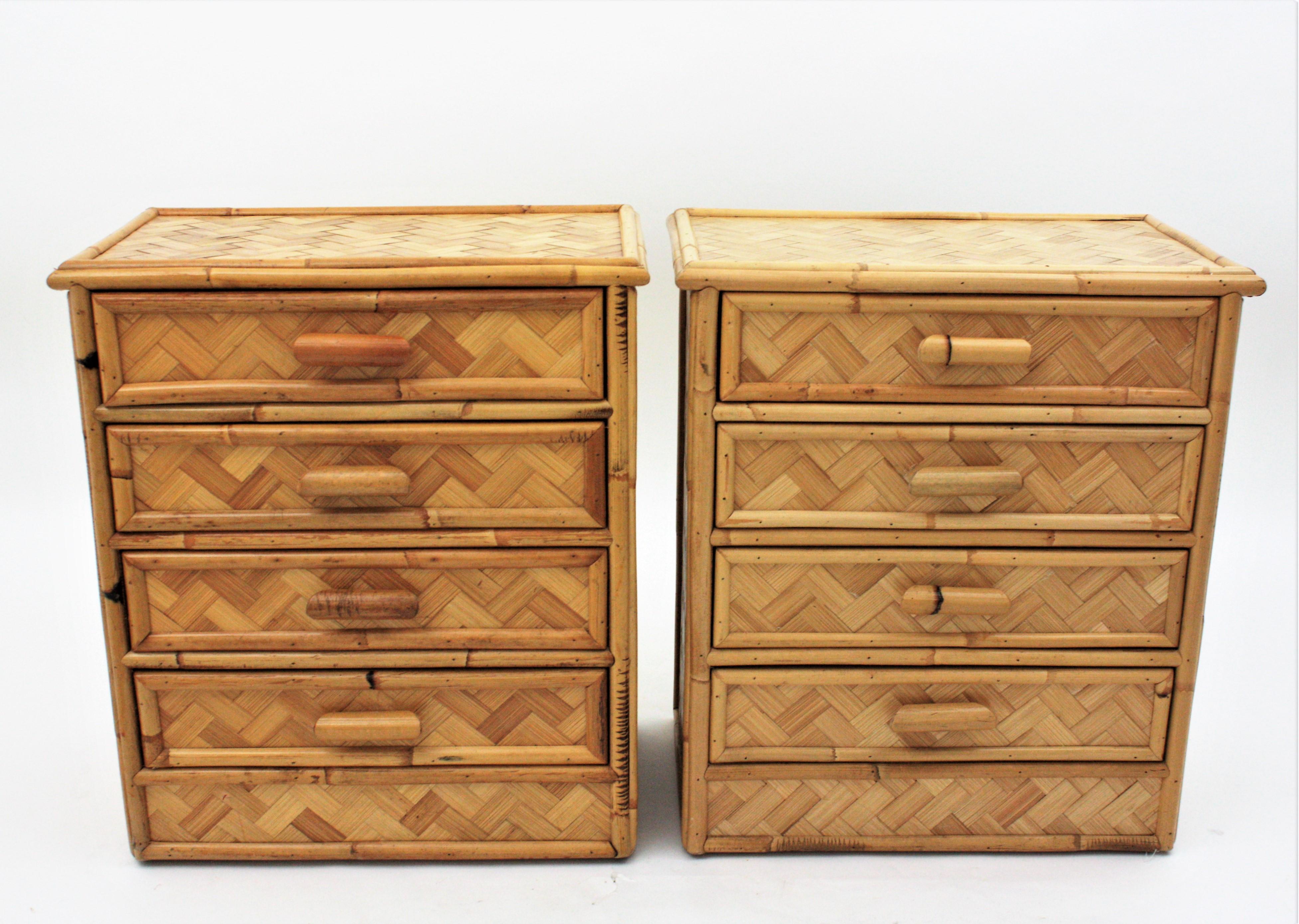 Spanish Pair of Rattan Bamboo Nightstands / Small Chests, 1970s For Sale