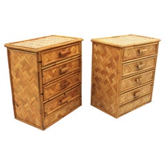 Pair of Spanish Mid-Century Modern Bamboo Rattan Nightstands, 1970s