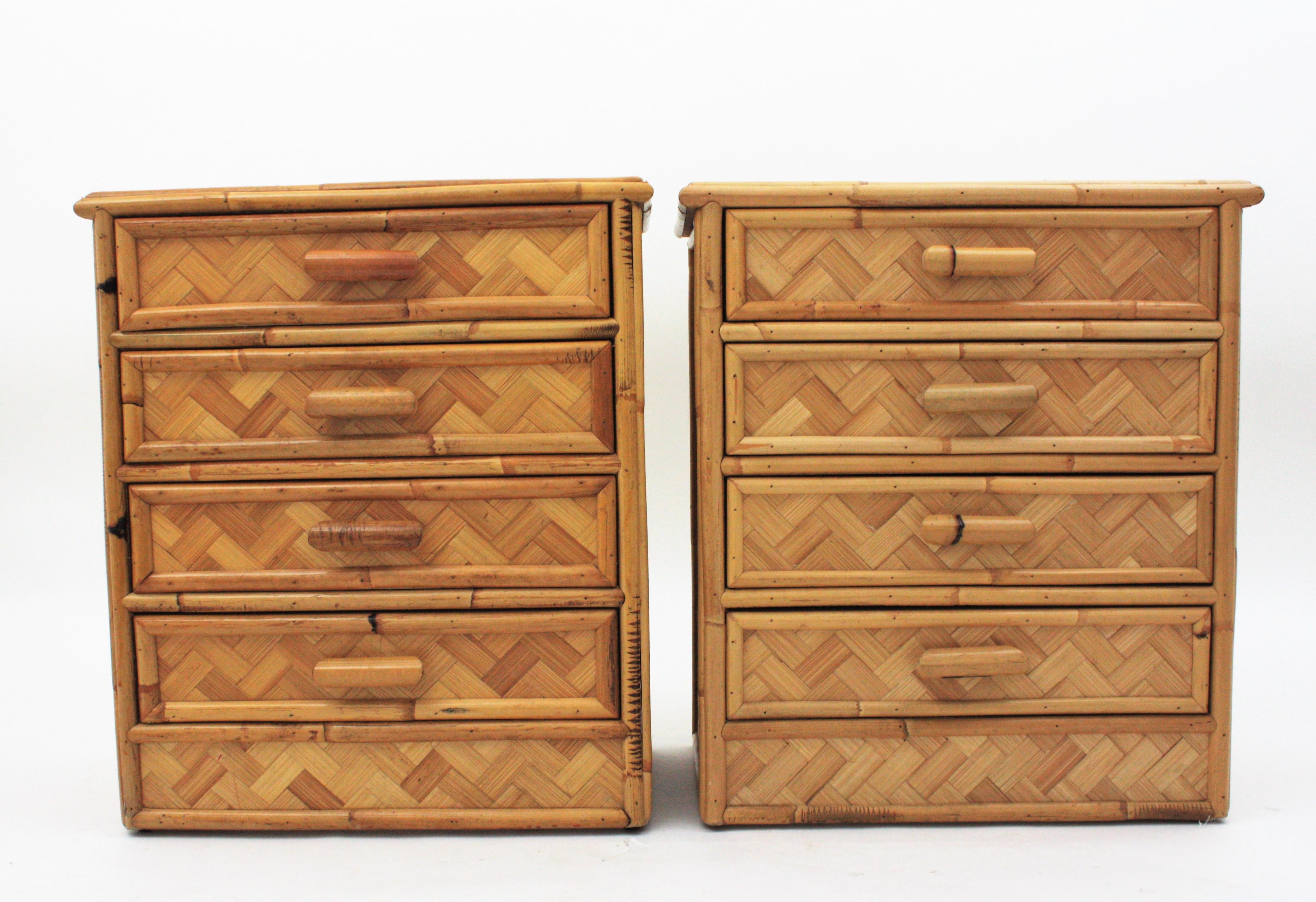 20th Century Pair of Rattan Bamboo Nightstands / Small Chests, 1970s For Sale
