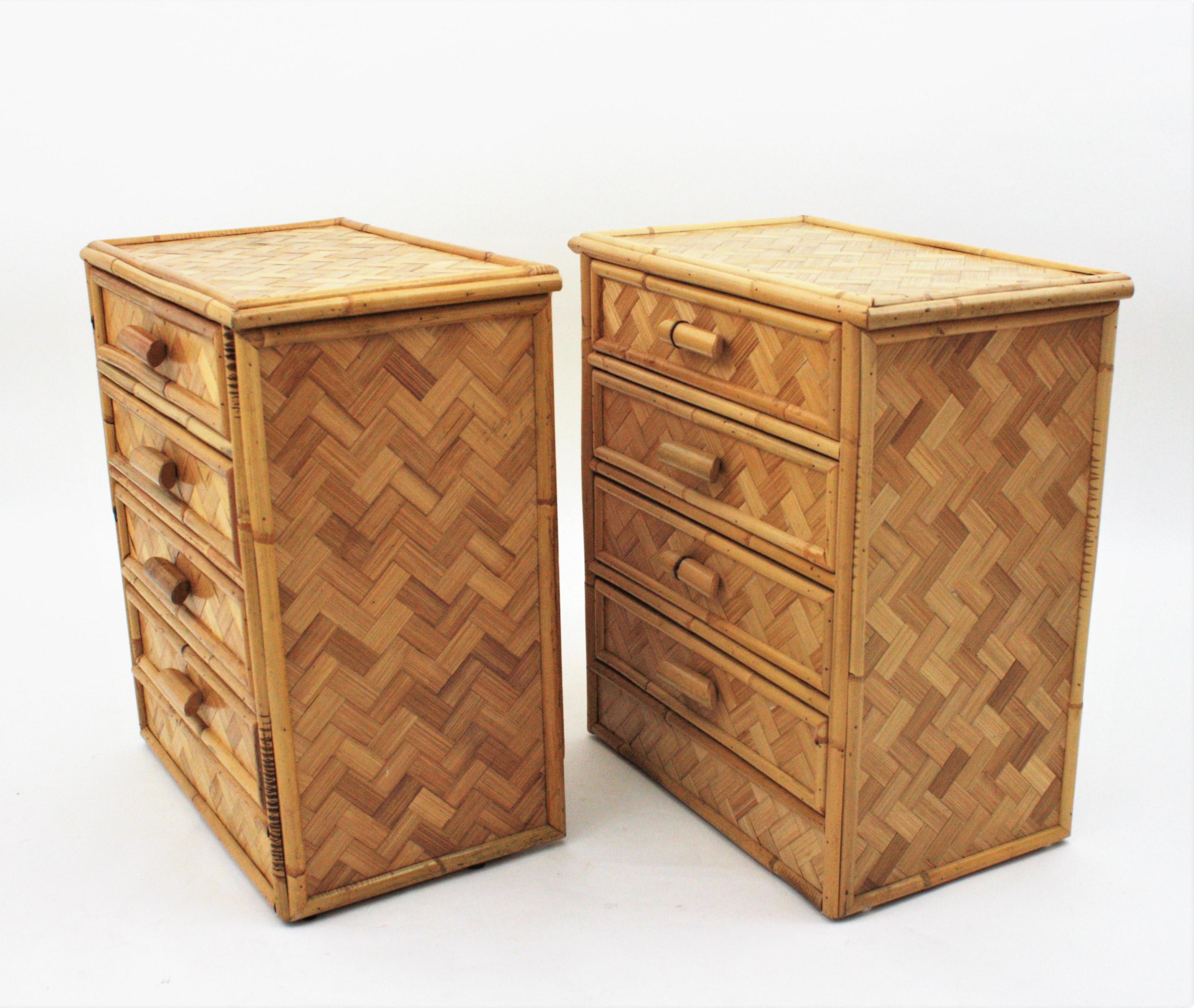 Pair of Rattan Bamboo Nightstands / Small Chests, 1970s For Sale 1
