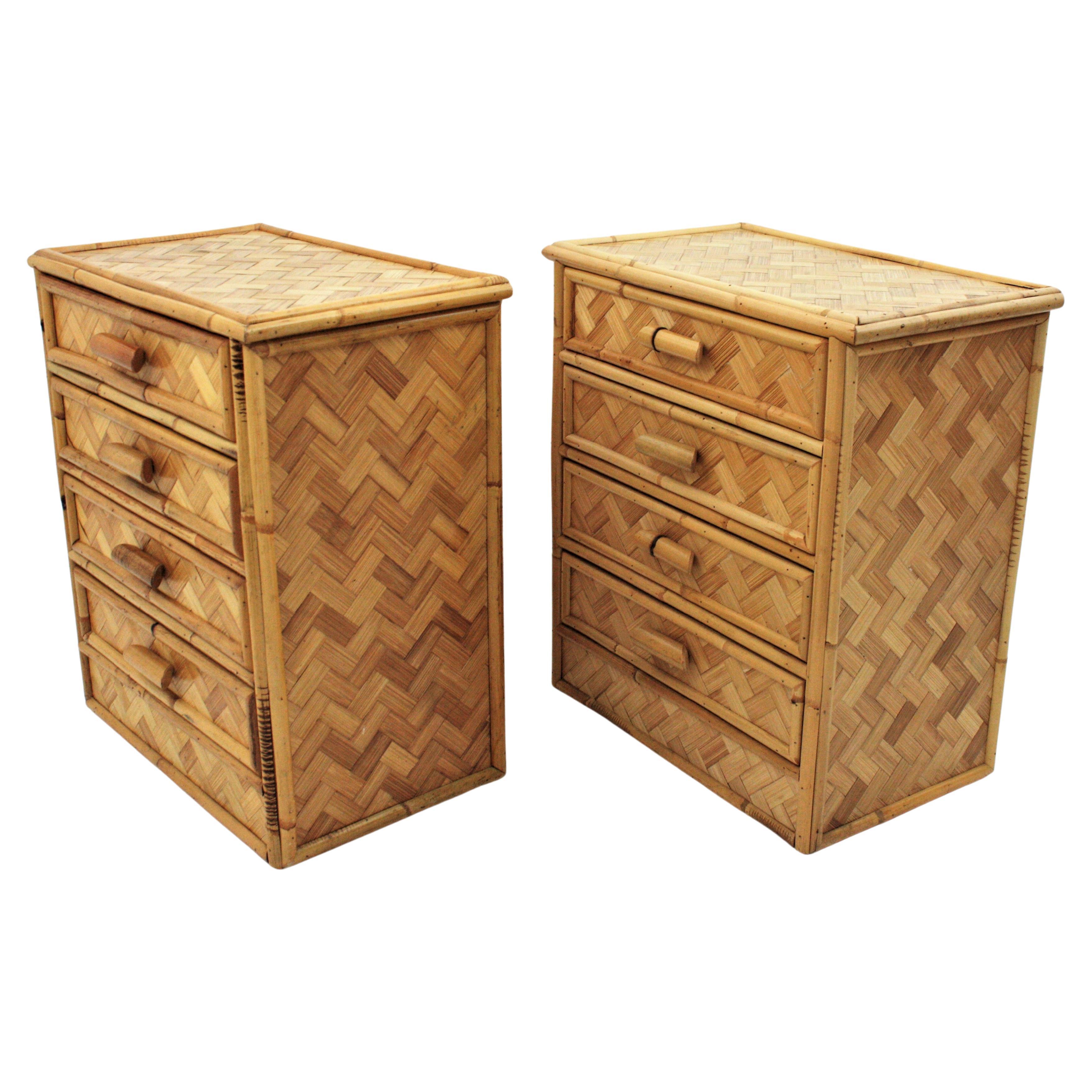 Pair of Rattan Bamboo Nightstands / Small Chests, 1970s For Sale