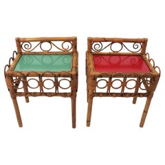 Pair of Rattan Bamboo Nightstands with Red and Green Tops, Italy 1950s