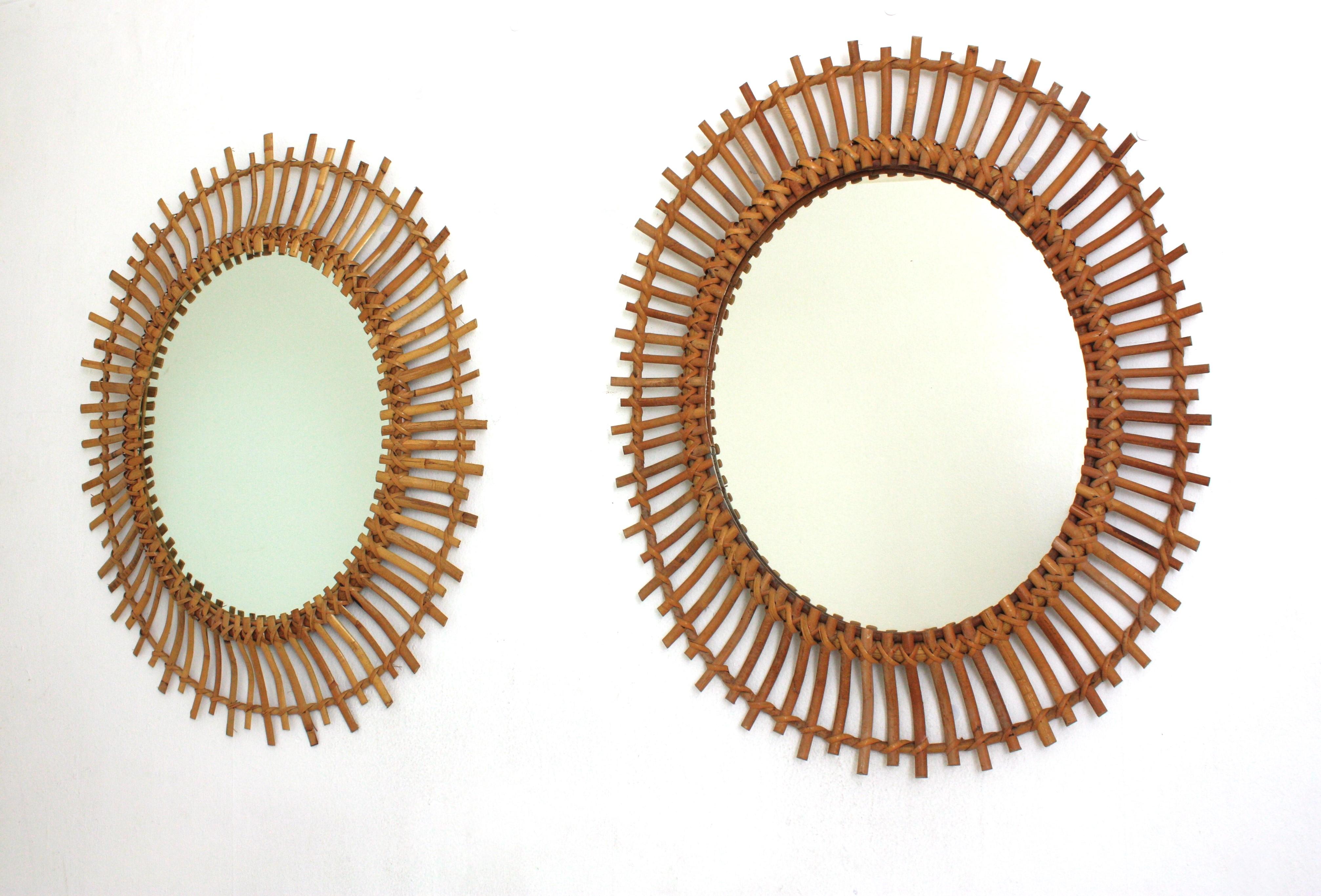 Pair of Rattan Bamboo Oval Sunburst Mirrors / Wall Mirrors, 1960s For Sale 3