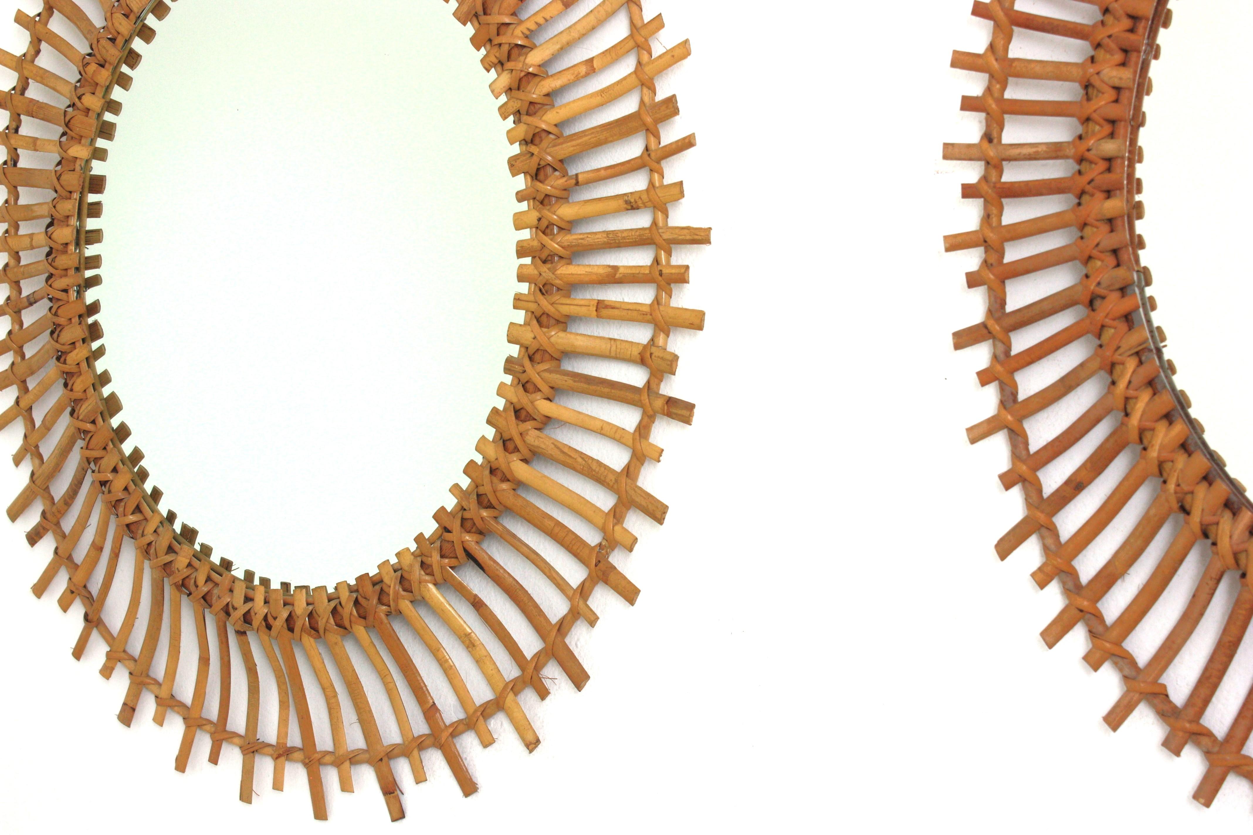 Pair of Rattan Bamboo Oval Sunburst Mirrors / Wall Mirrors, 1960s For Sale 4