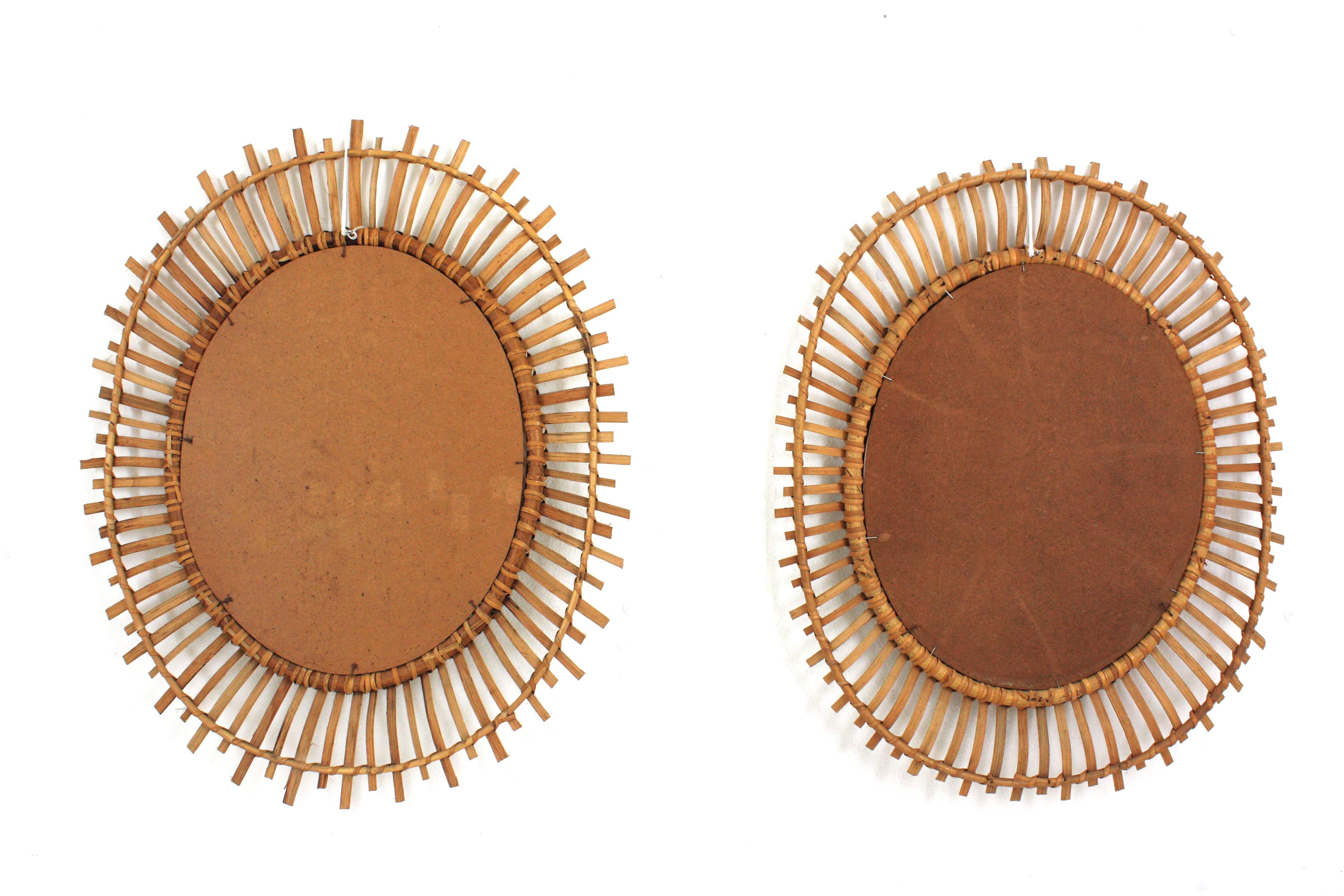 Pair of Rattan Bamboo Oval Sunburst Mirrors / Wall Mirrors, 1960s For Sale 5