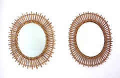 Pair of Rattan Bamboo Oval Sunburst Mirrors / Wall Mirrors, 1960s