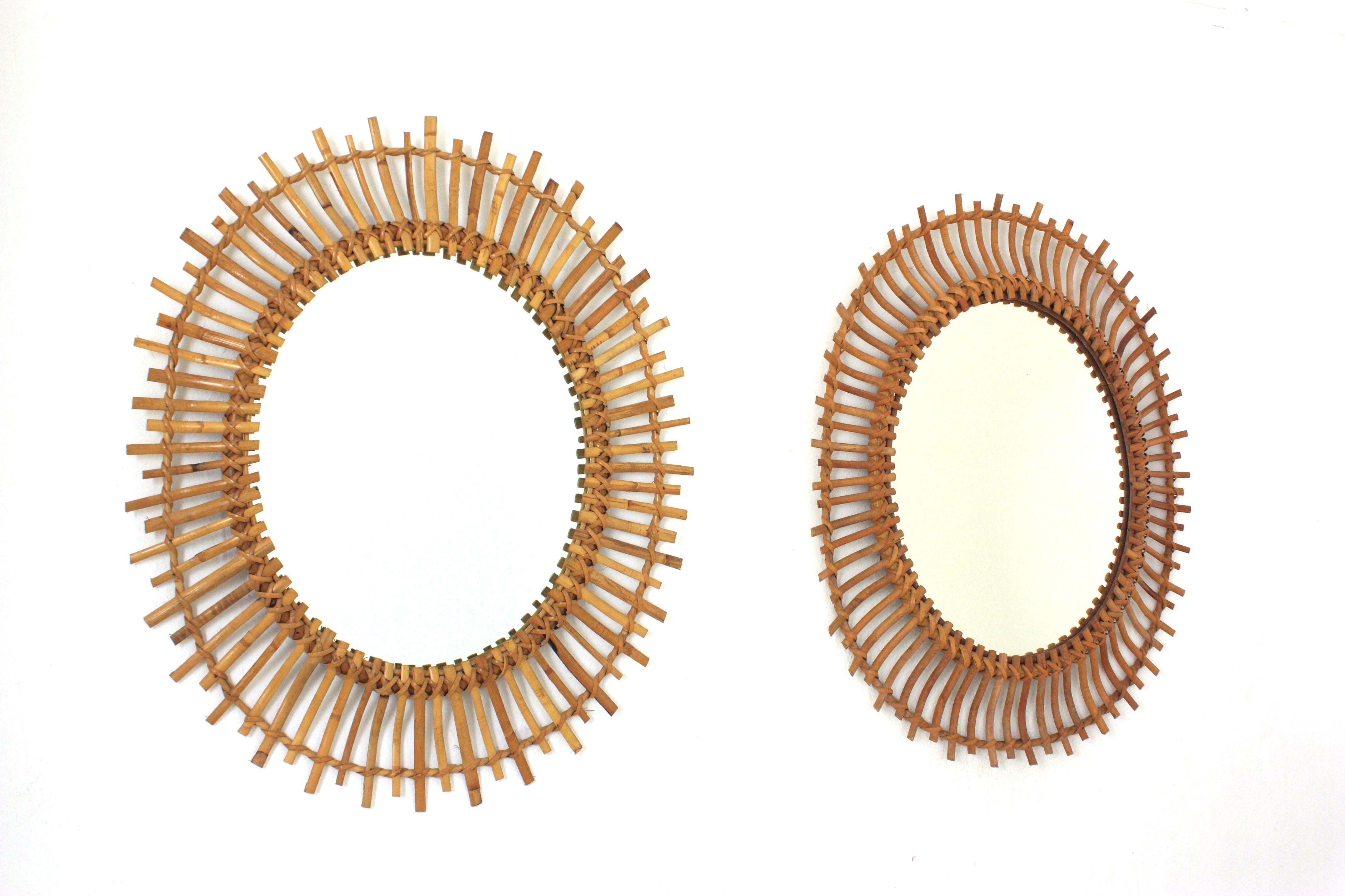 Spanish Pair of Rattan Bamboo Oval Sunburst Mirrors / Wall Mirrors, 1960s For Sale