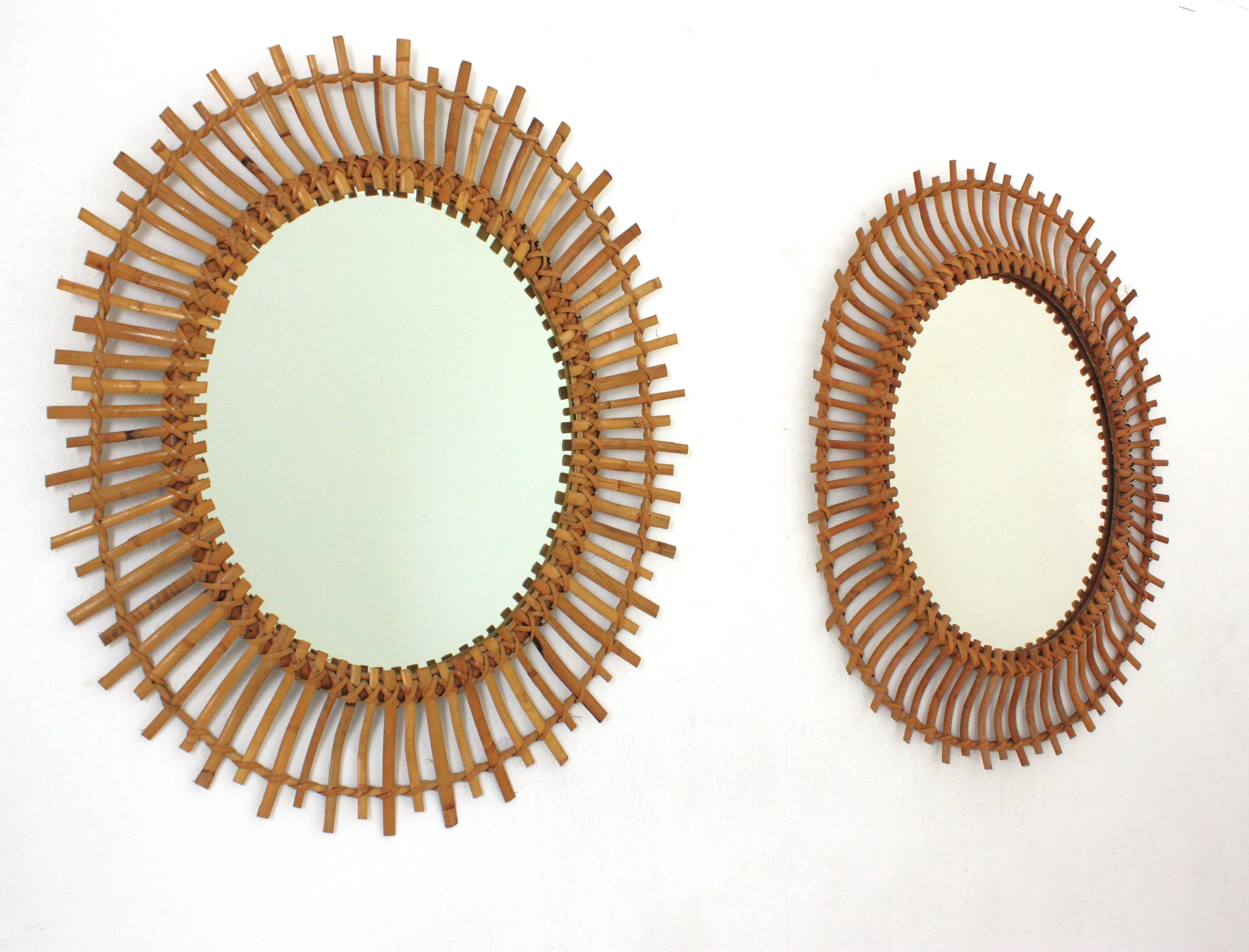 Hand-Crafted Pair of Rattan Bamboo Oval Sunburst Mirrors / Wall Mirrors, 1960s For Sale