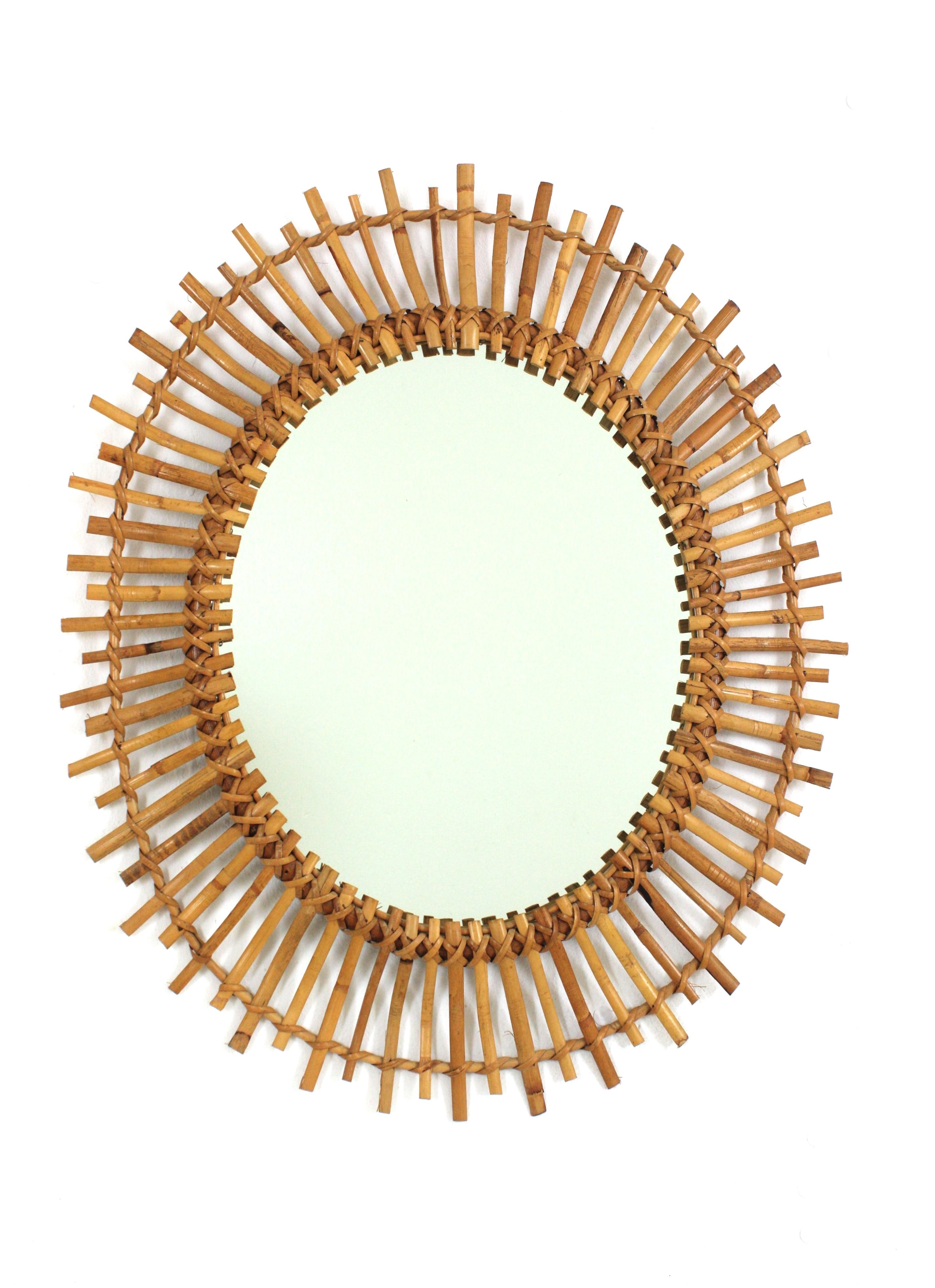 Pair of Rattan Bamboo Oval Sunburst Mirrors / Wall Mirrors, 1960s In Good Condition For Sale In Barcelona, ES