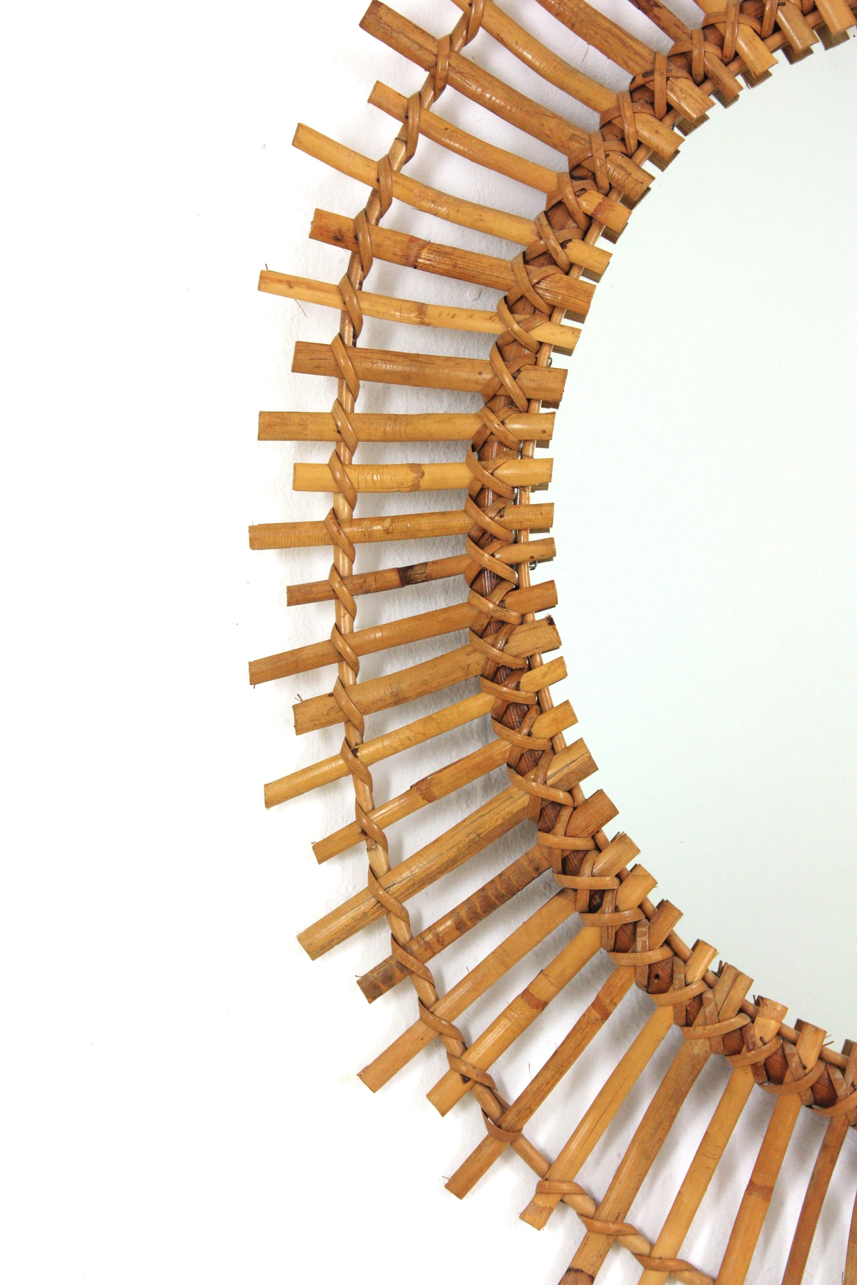 20th Century Pair of Rattan Bamboo Oval Sunburst Mirrors / Wall Mirrors, 1960s For Sale