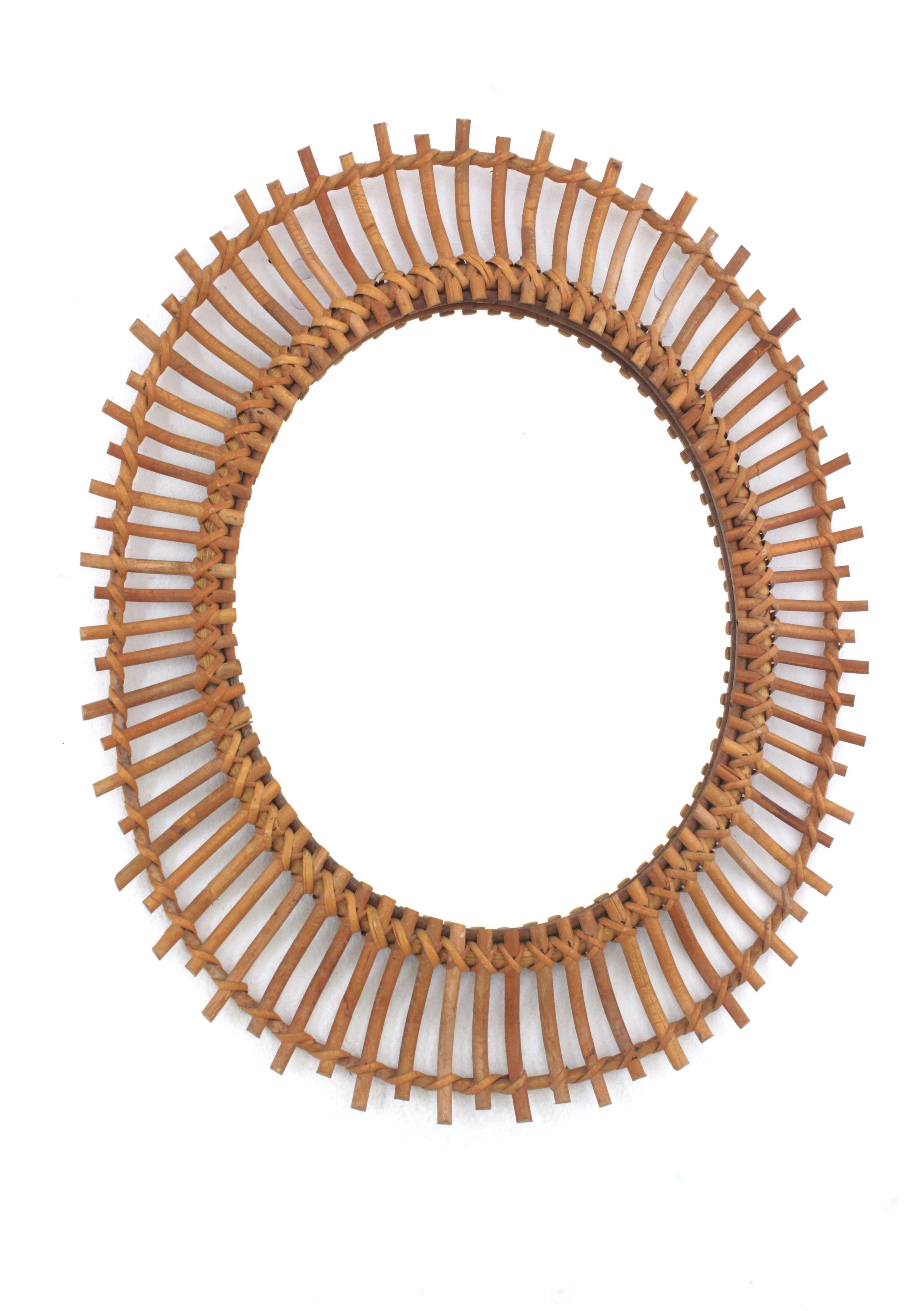 Pair of Rattan Bamboo Oval Sunburst Mirrors / Wall Mirrors, 1960s For Sale 1