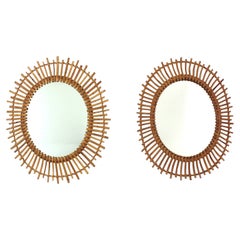 Pair of Rattan Bamboo Oval Sunburst Mirrors / Wall Mirrors, 1960s