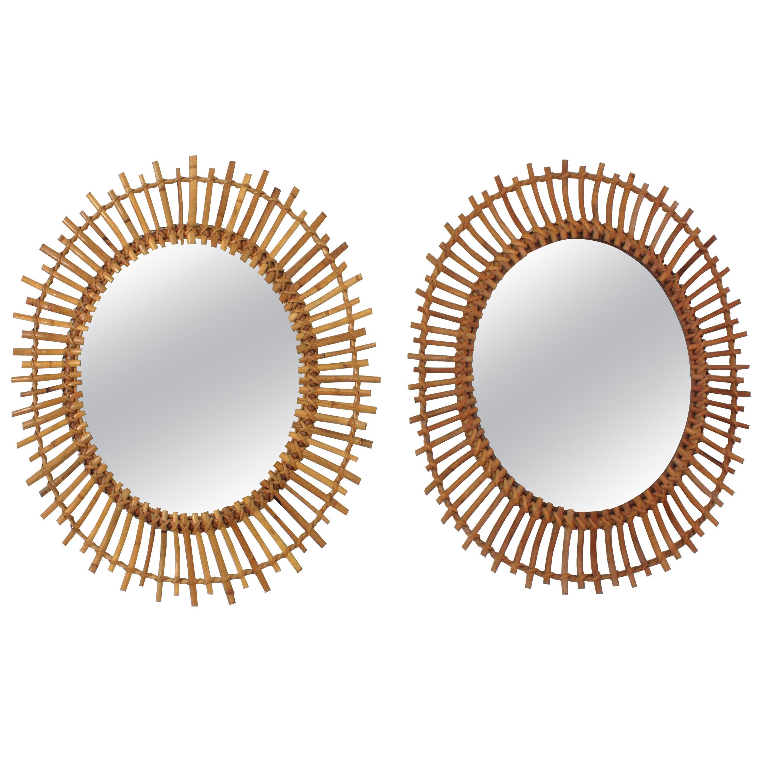 Pair of Rattan Bamboo Oval Sunburst Mirrors / Wall Mirrors, 1960s