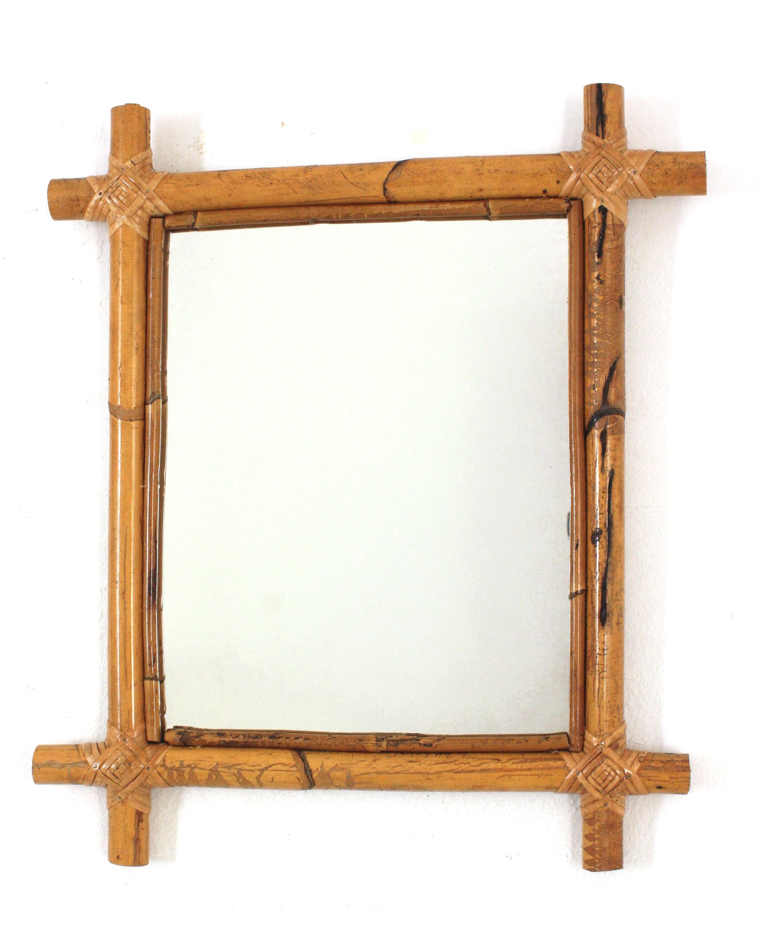 Paire de miroirs rectangulaires en bambou et rotin  en vente 3