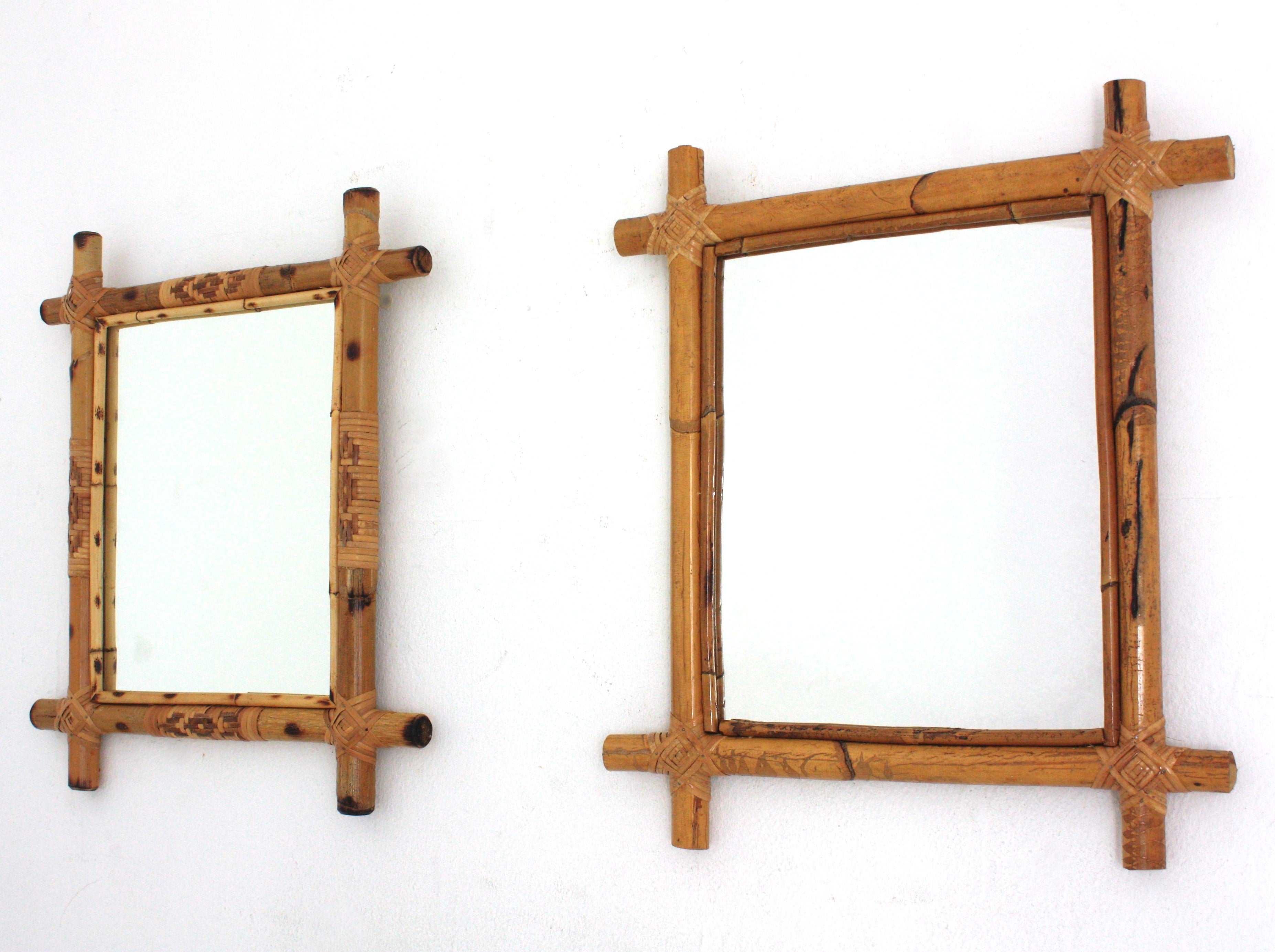 Unmatching Pair of Rectangular wall mirrors, bamboo, rattan
Eye-catching rectangular mirrors handcrafted with bamboo/ rattan cane. Spain, 1960s.
Rectangular mirrors made of rattan with crossed corners frames.
Inspired in JM Frank designs
They have a