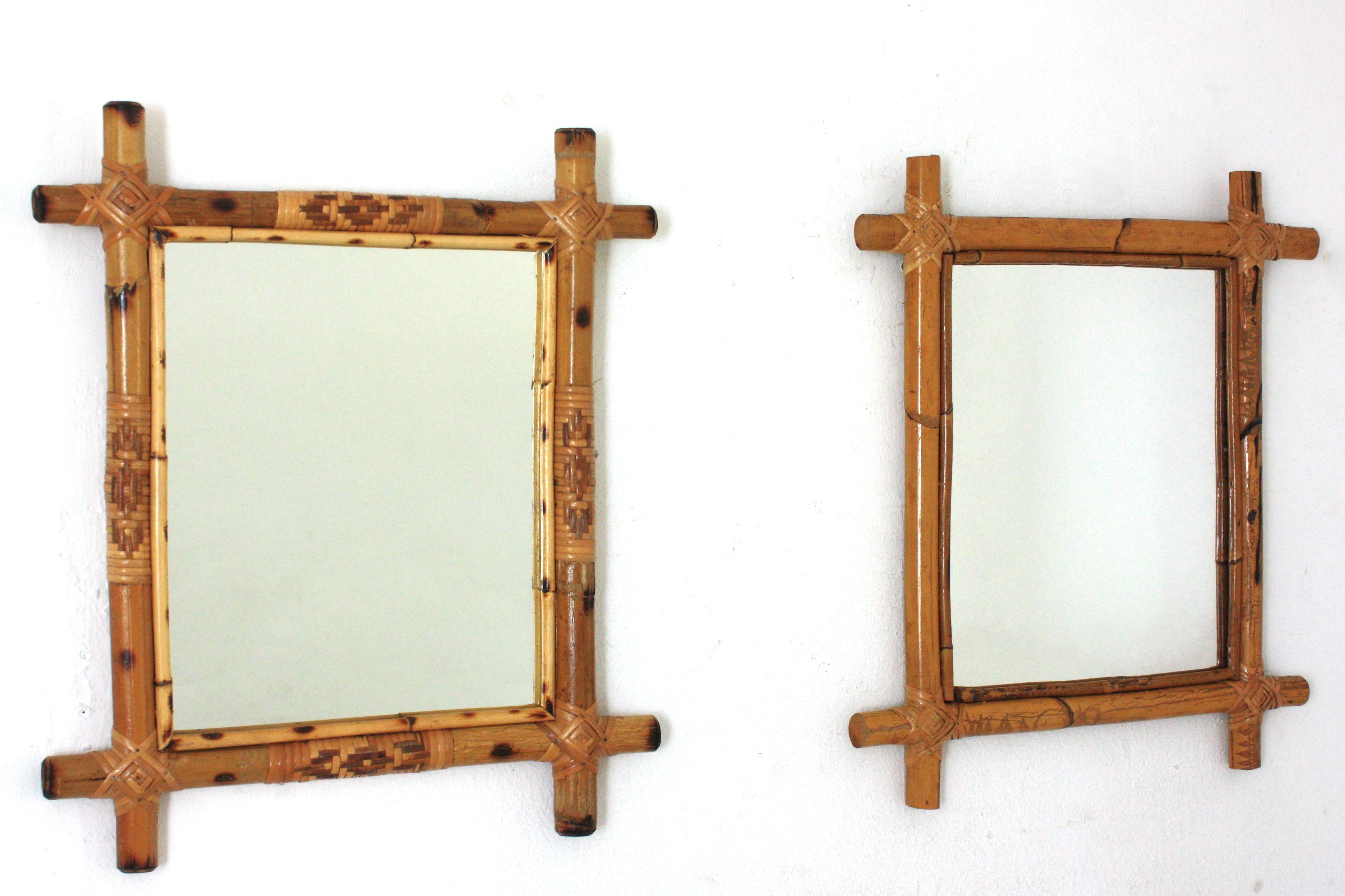 Mid-Century Modern Paire de miroirs rectangulaires en bambou et rotin  en vente