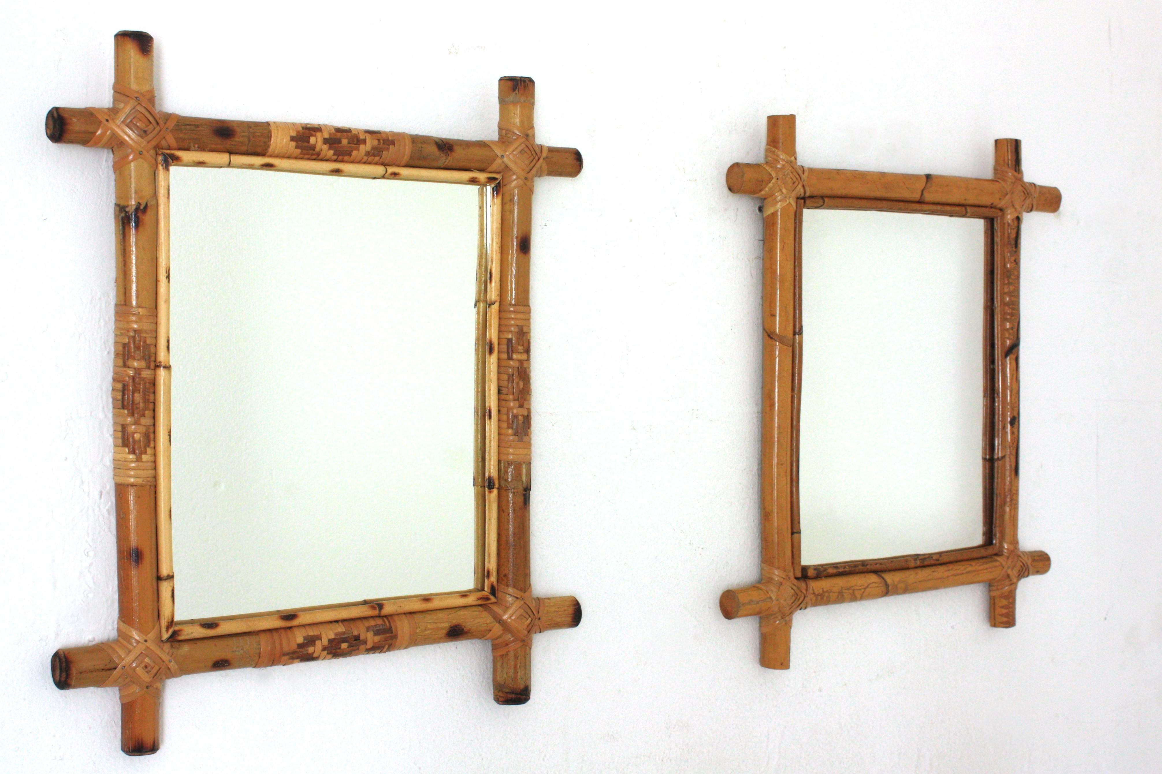 Spanish Pair of Rattan Bamboo Rectangular Mirrors  For Sale
