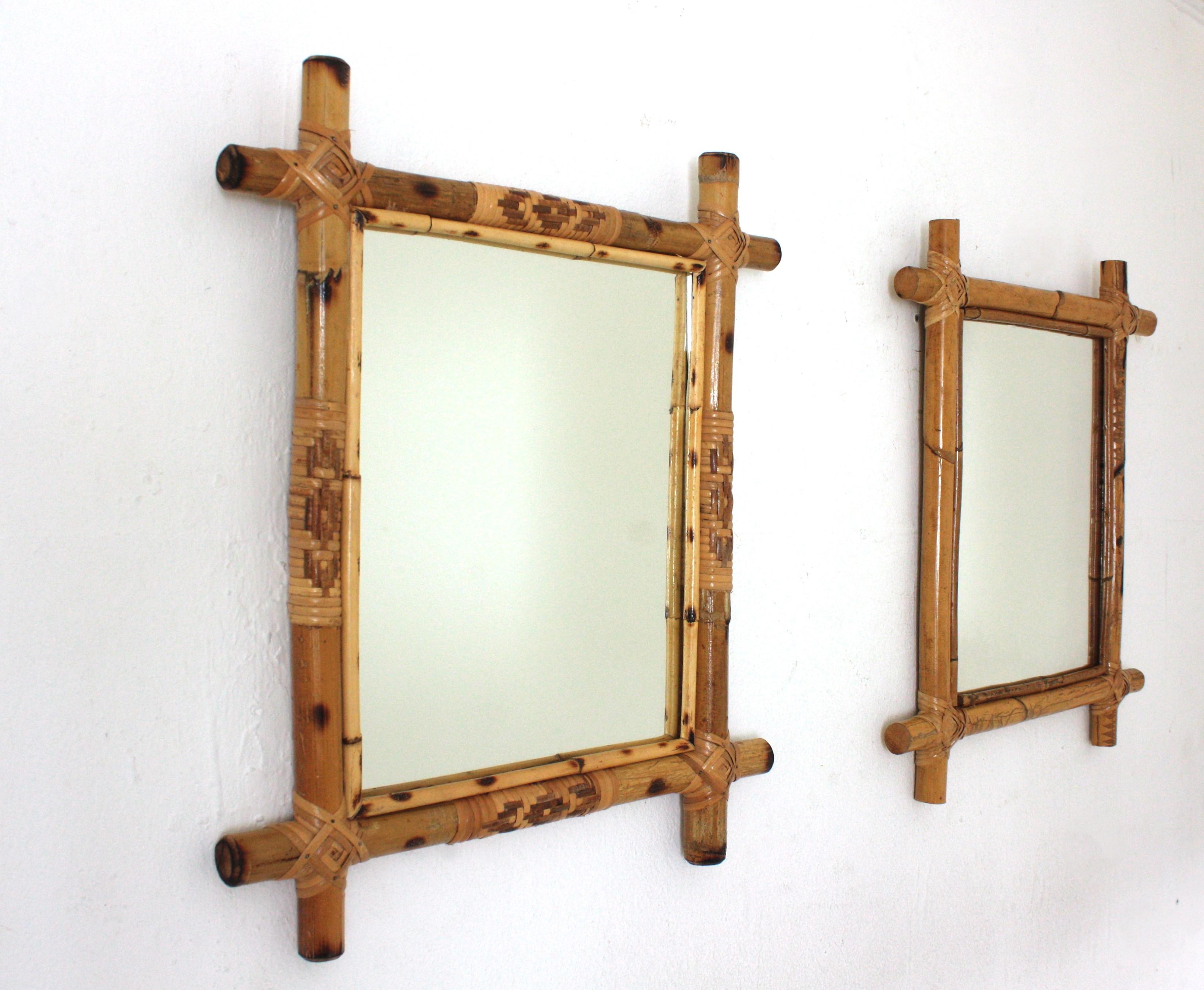 Fait main Paire de miroirs rectangulaires en bambou et rotin  en vente