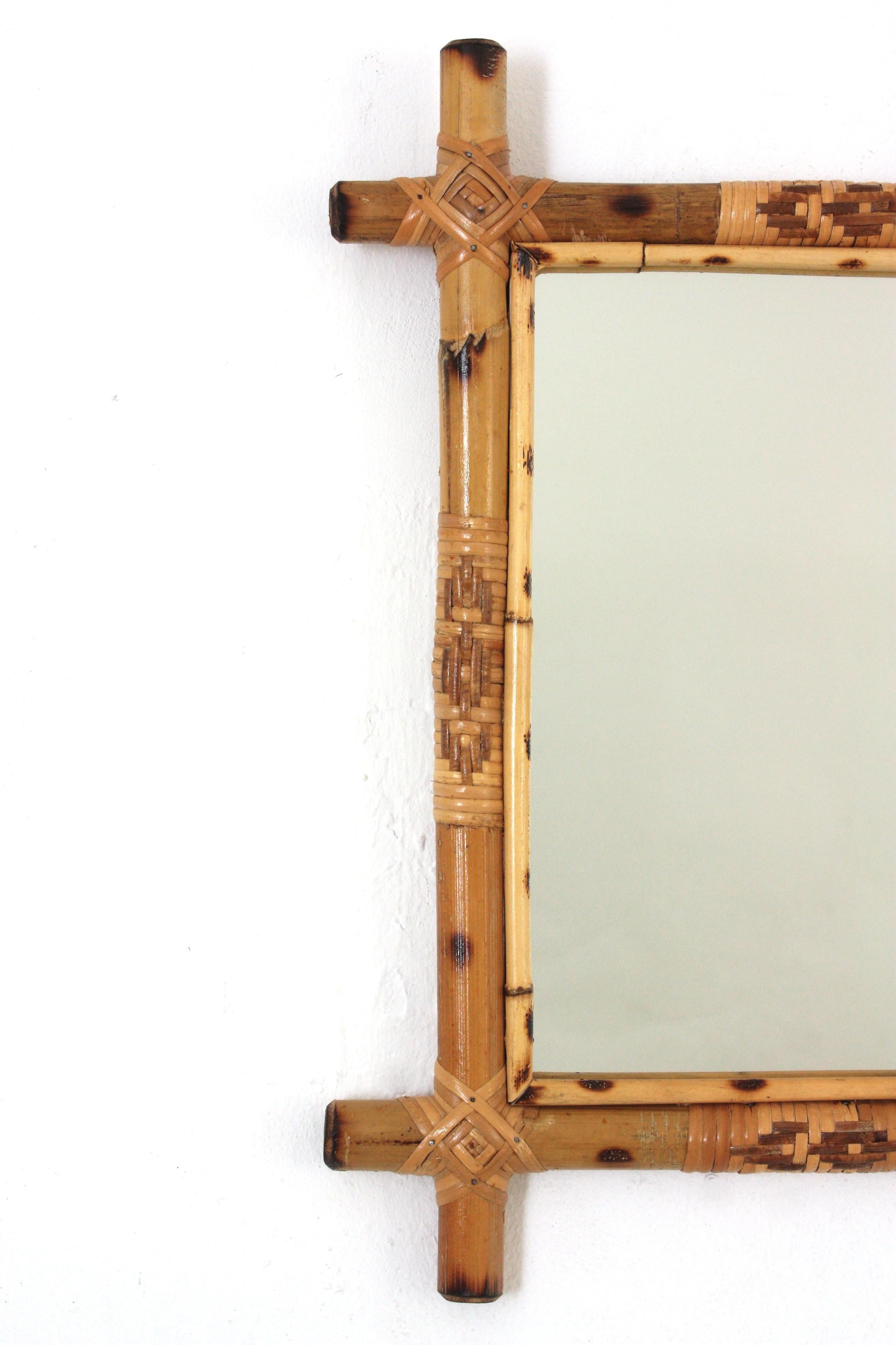 Wicker Pair of Rattan Bamboo Rectangular Mirrors  For Sale