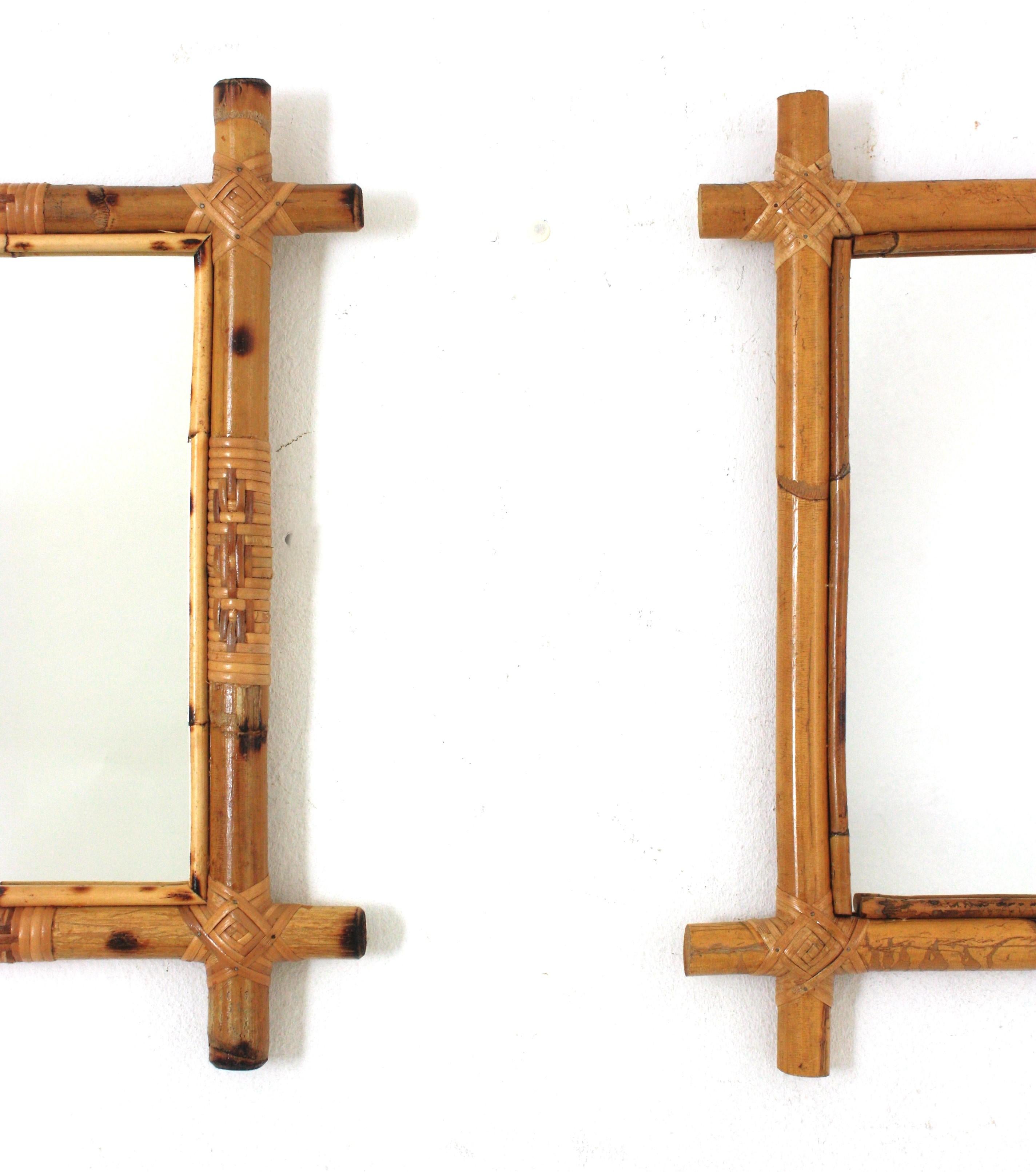 Paar rechteckige Spiegel aus Rattan und Bambus  im Angebot 2
