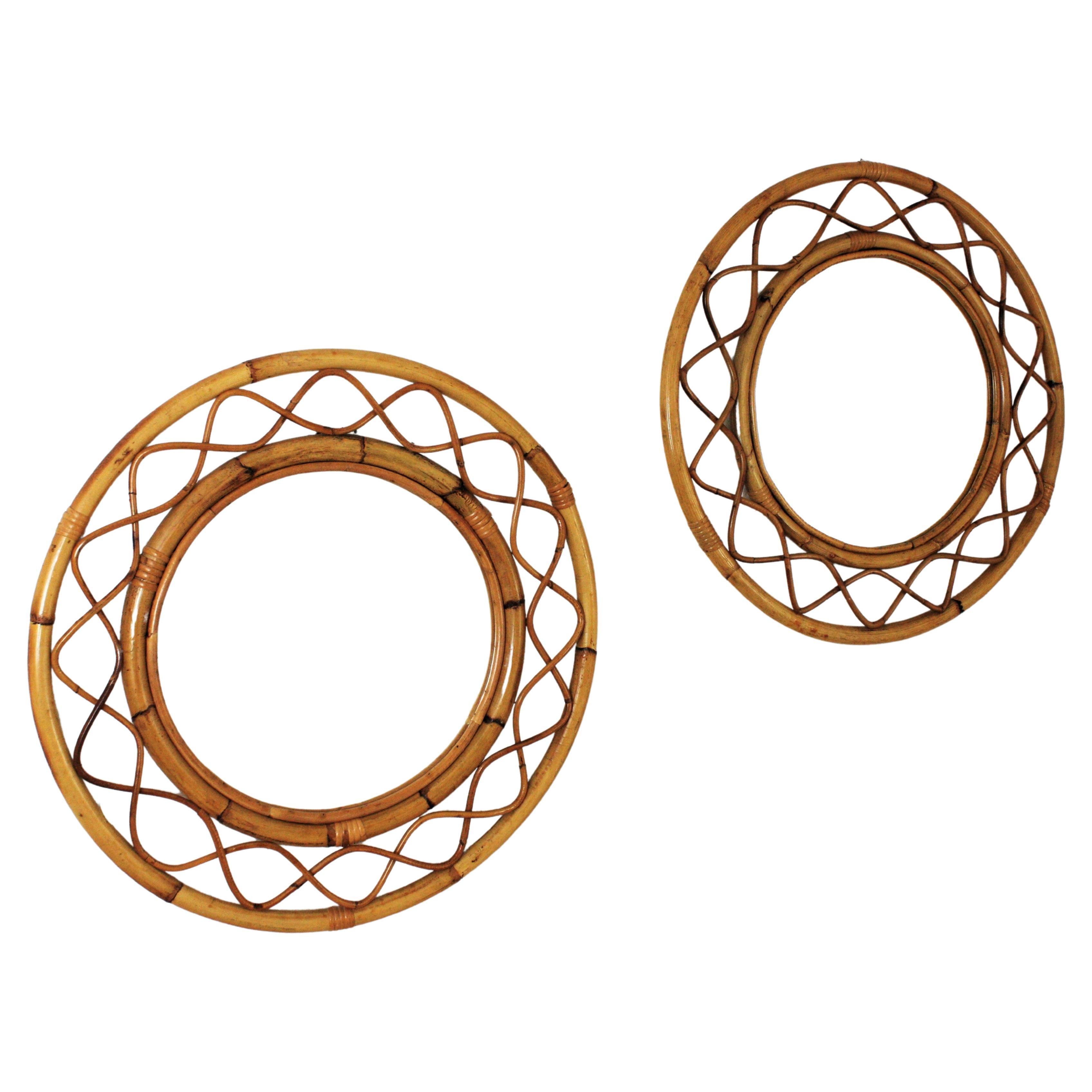 French modern round mirrors, bamboo, rattan. France, 1960s
These mirrors feature two concentric bamboo frames with an intrincated undulated rattan pattern between them. In the style of Franco Albini designs.
These mirrors will add a fresh
