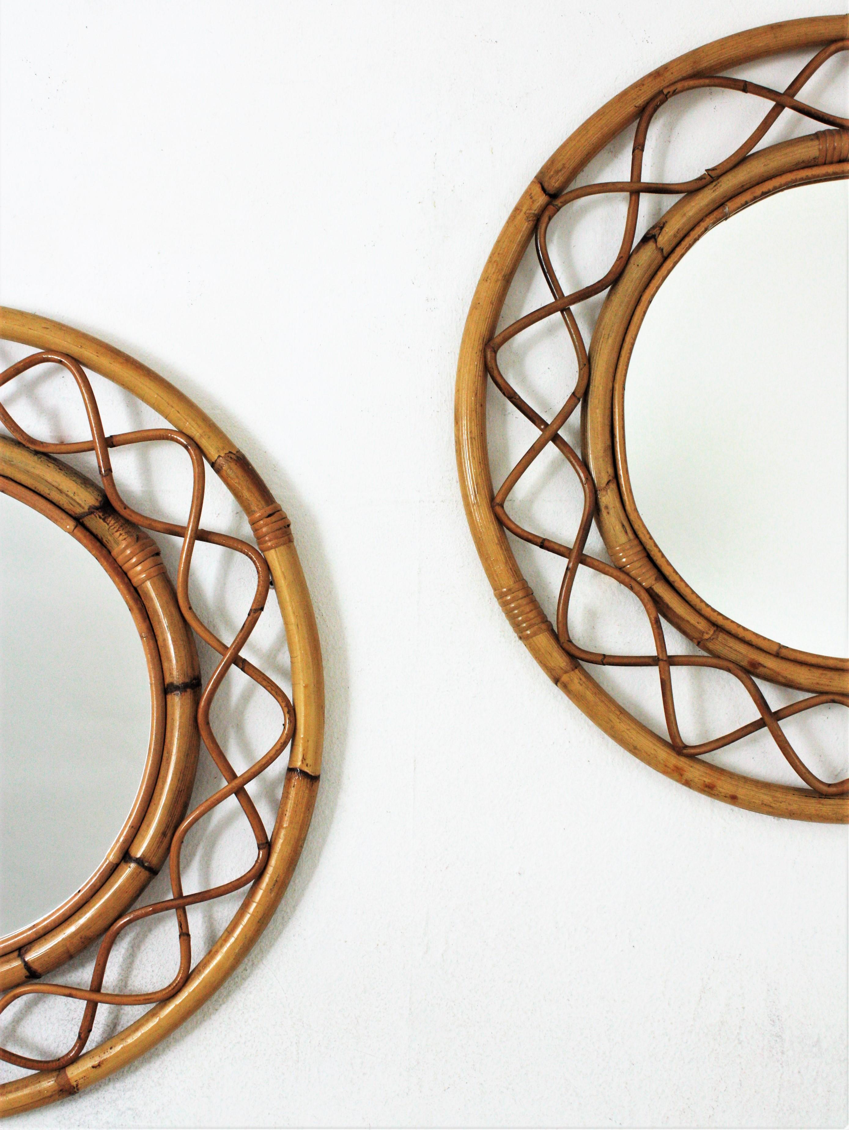 Pair of Rattan Bamboo Round Mirrors, Franco Albini Style In Good Condition For Sale In Barcelona, ES