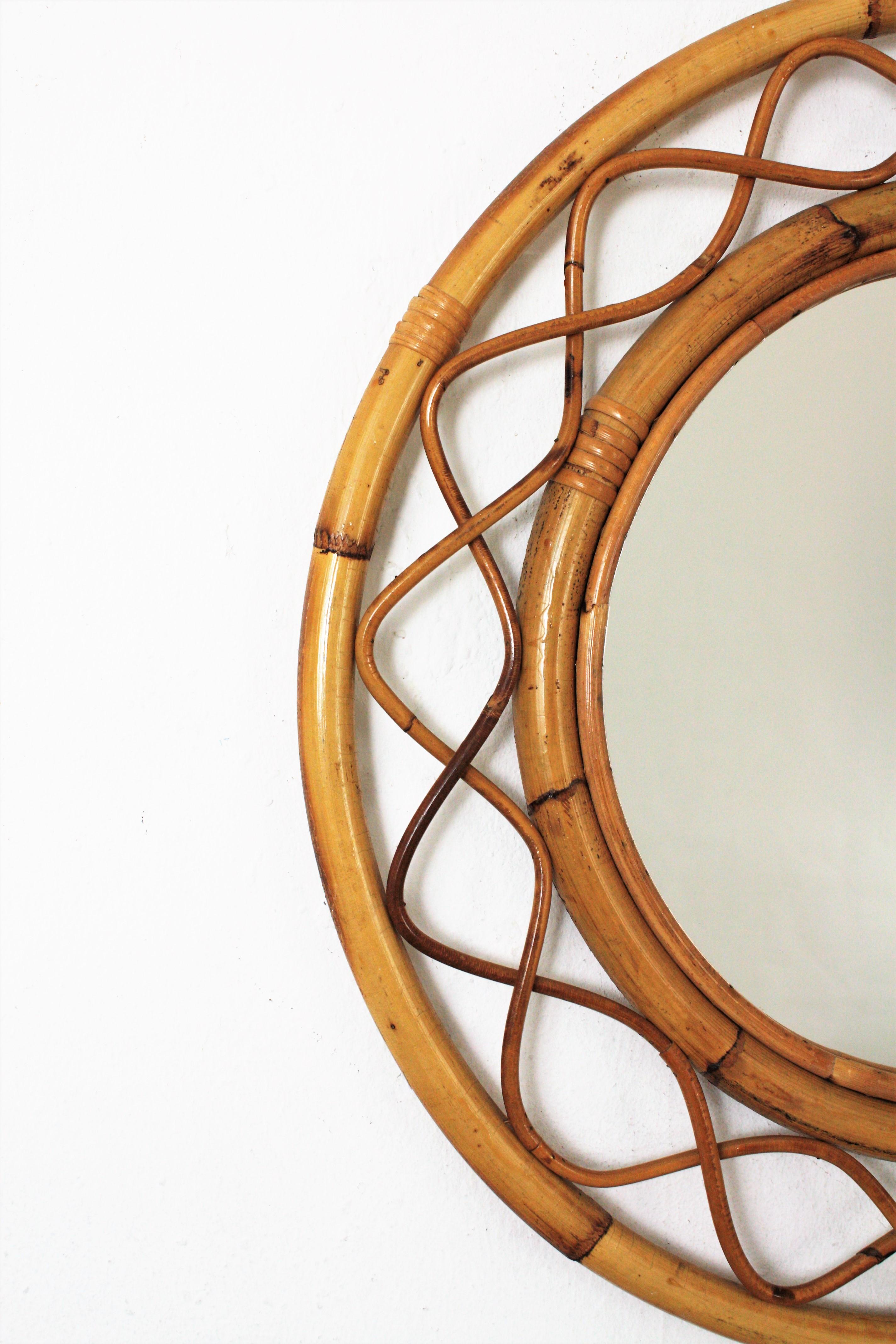 20th Century Pair of Rattan Bamboo Round Mirrors, Franco Albini Style For Sale
