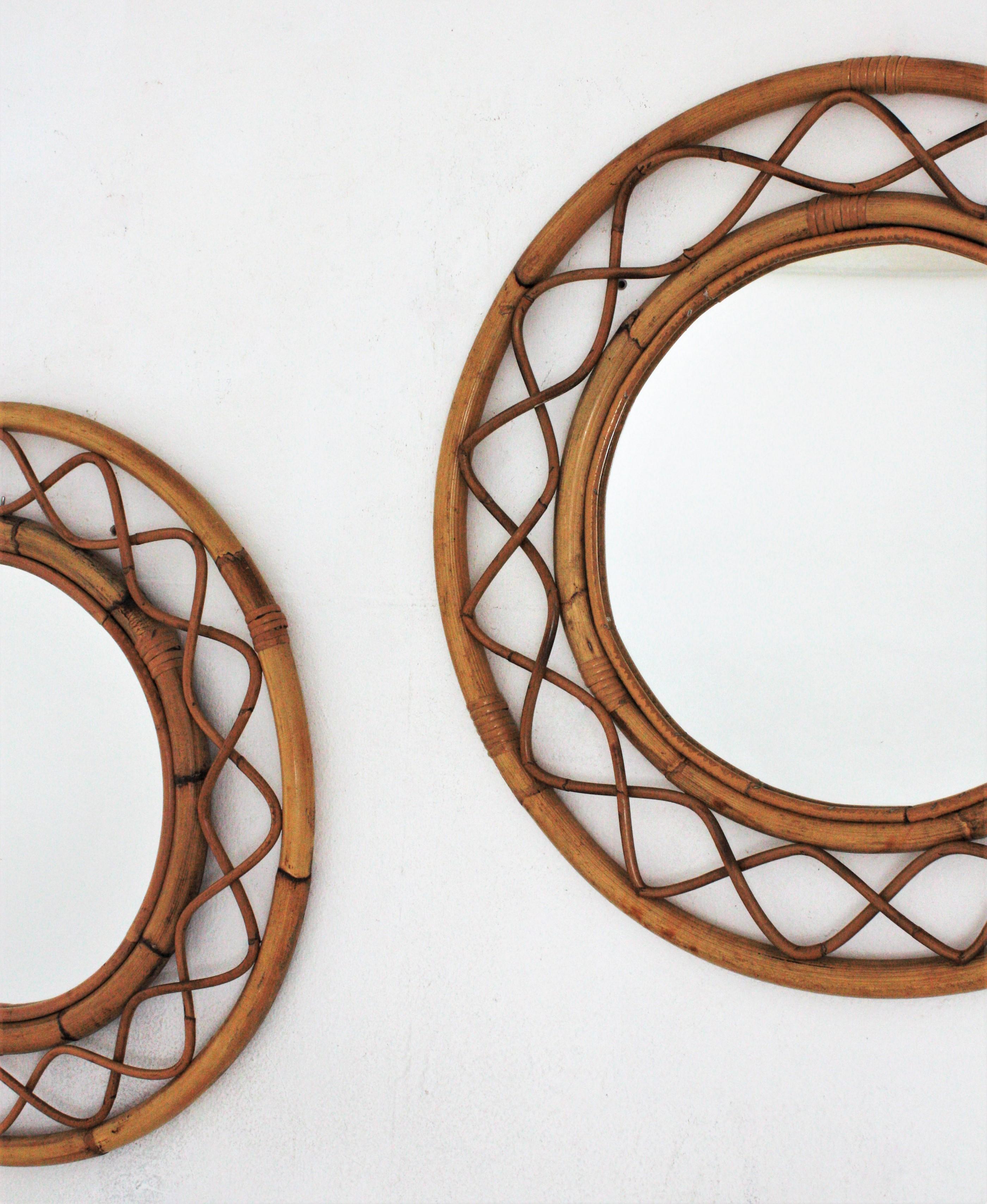 Pair of Rattan Bamboo Round Mirrors, Franco Albini Style For Sale 1