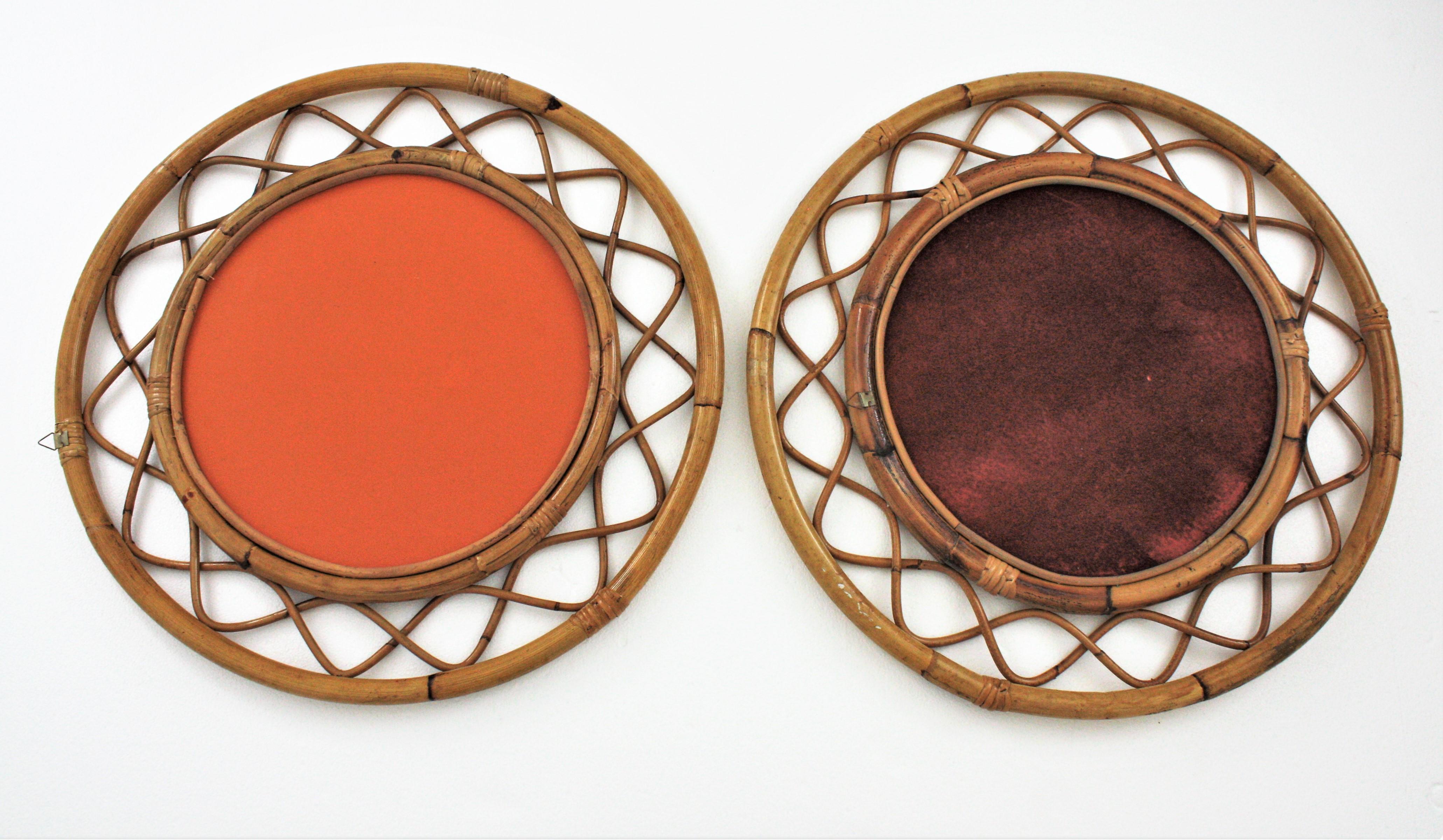 Pair of Rattan Bamboo Round Mirrors, Franco Albini Style For Sale 3