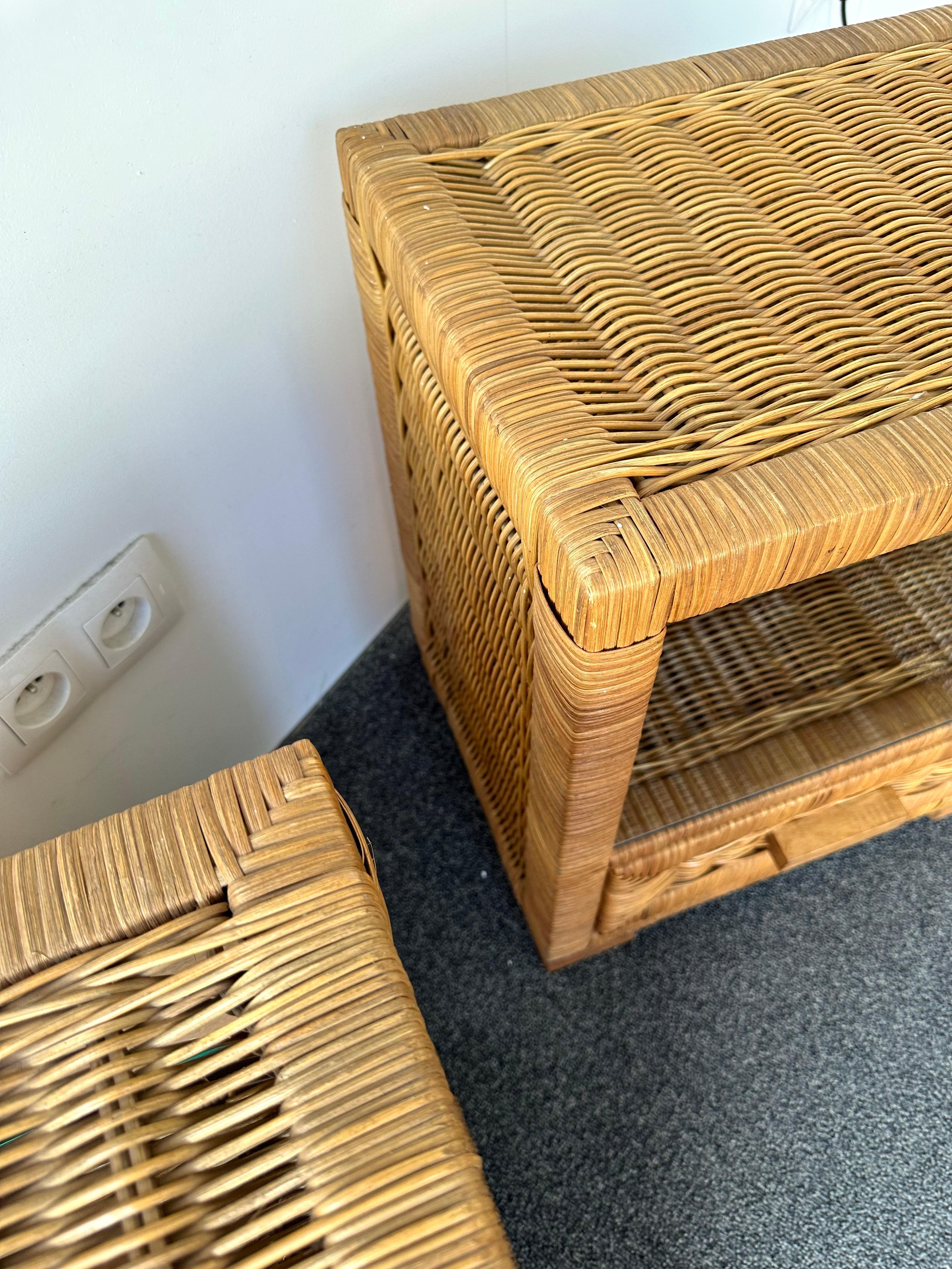 Pair of Rattan Bedside Tables by Tito Agnoli, Italy, 1970s For Sale 3