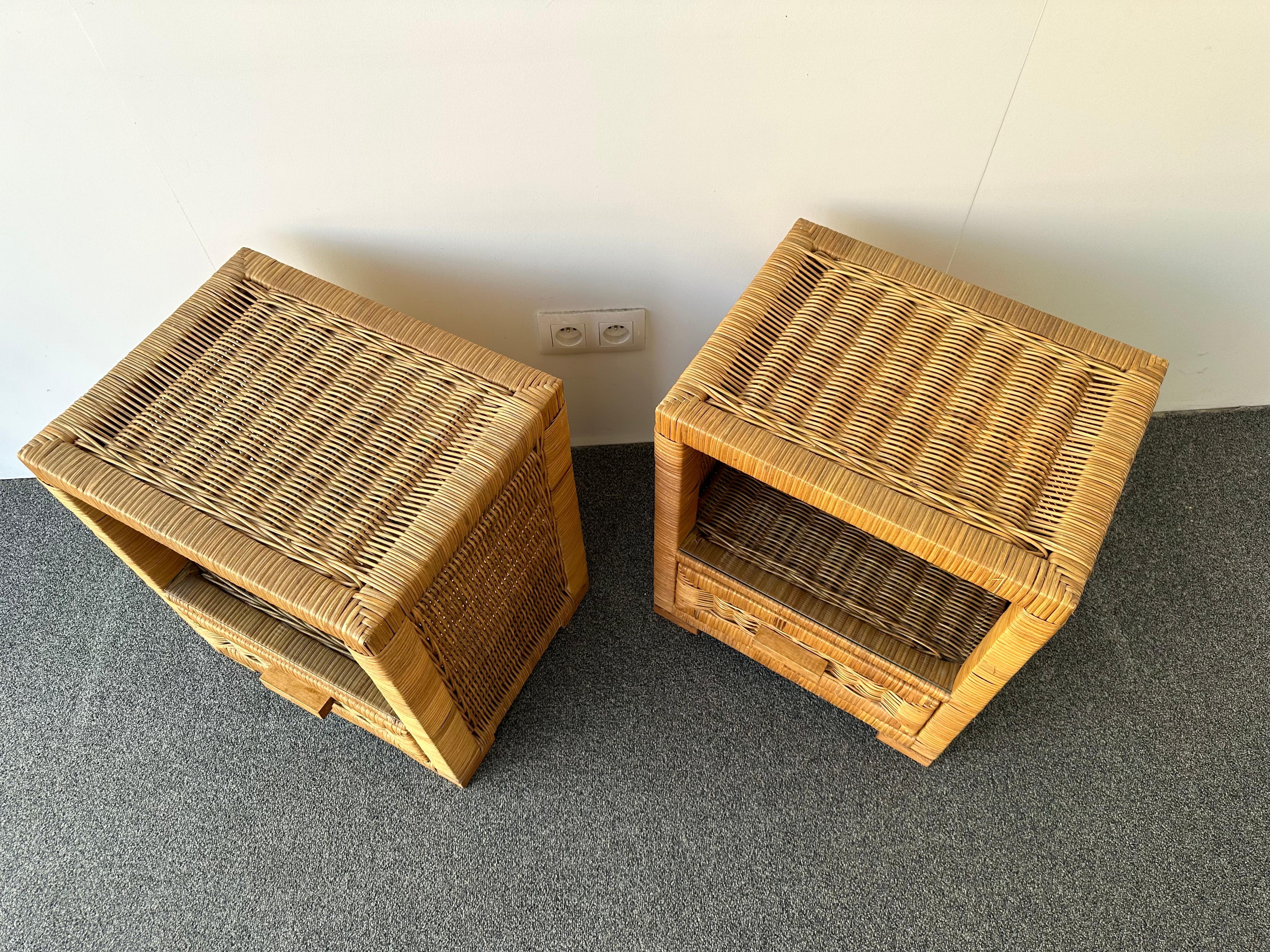 Pair of Rattan Bedside Tables by Tito Agnoli, Italy, 1970s For Sale 4