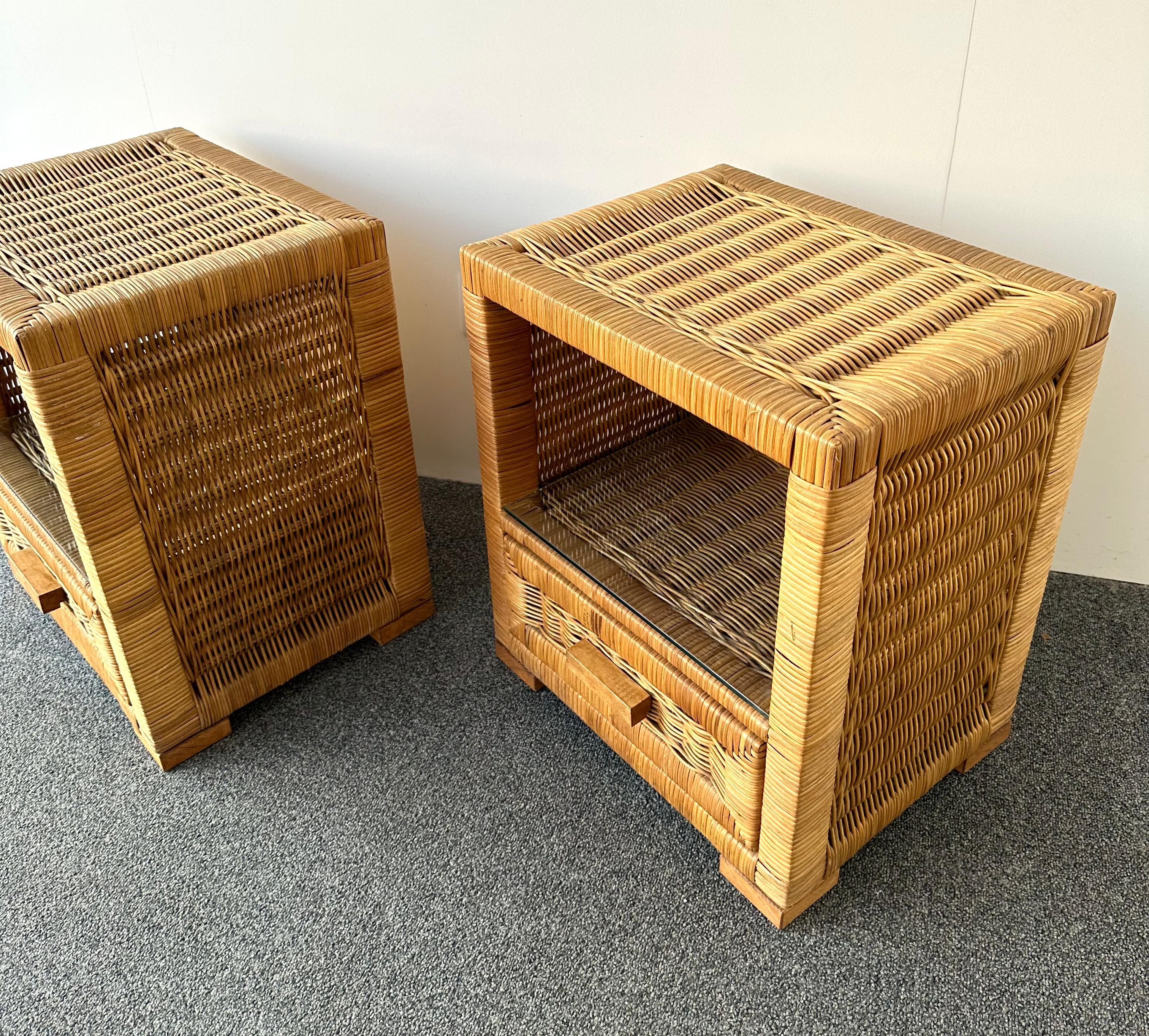 Pair of Rattan Bedside Tables by Tito Agnoli, Italy, 1970s For Sale 6