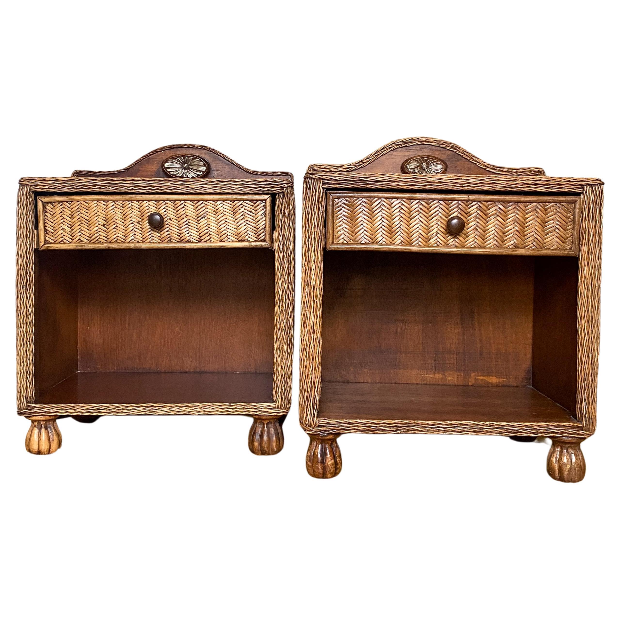 Pair of Rattan Bedside Tables For Sale