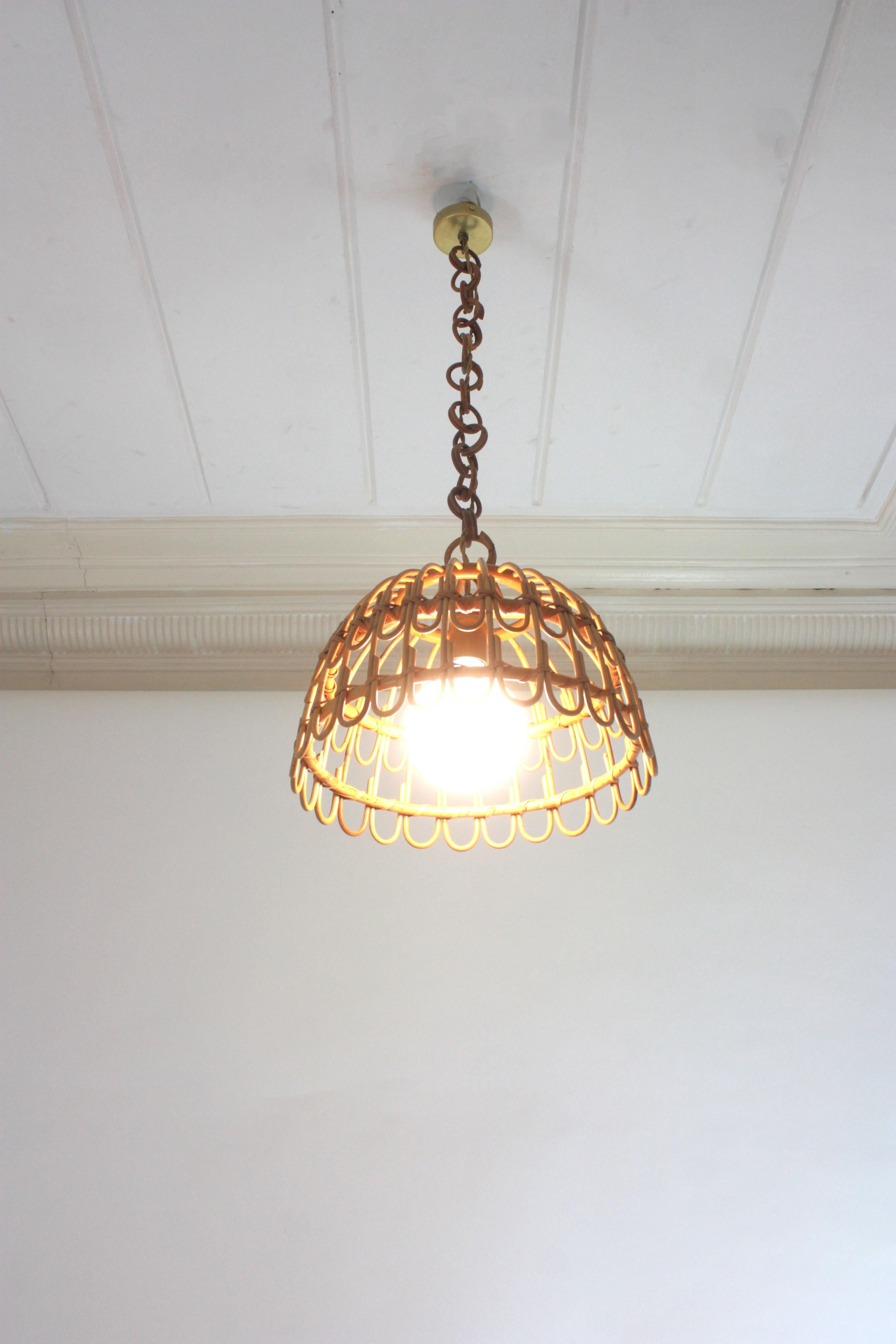 Pair of Rattan Bell Pendants / Hanging Lights, Spain 1960s For Sale 2