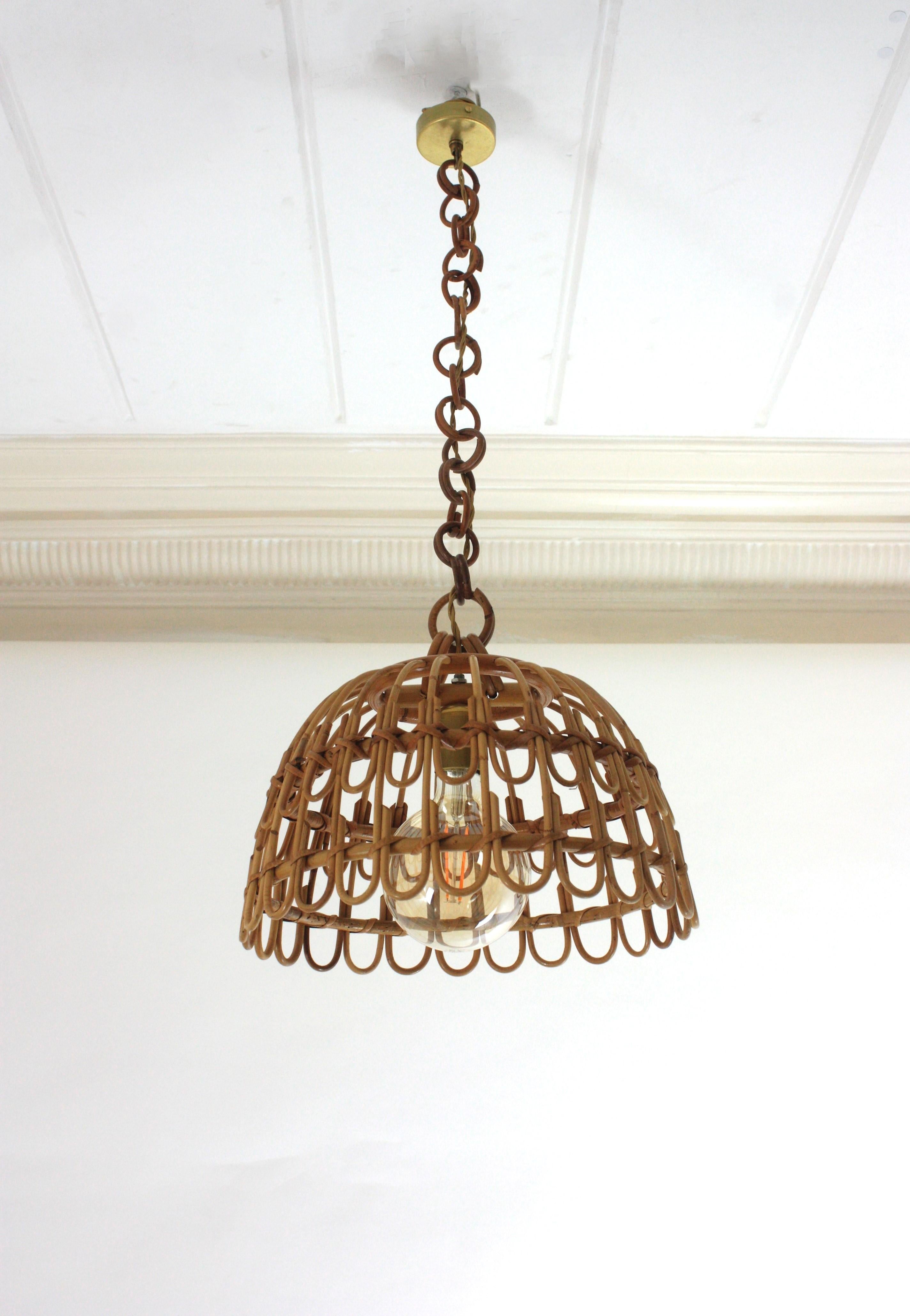 Pair of Rattan Bell Pendants / Hanging Lights, Spain 1960s For Sale 3