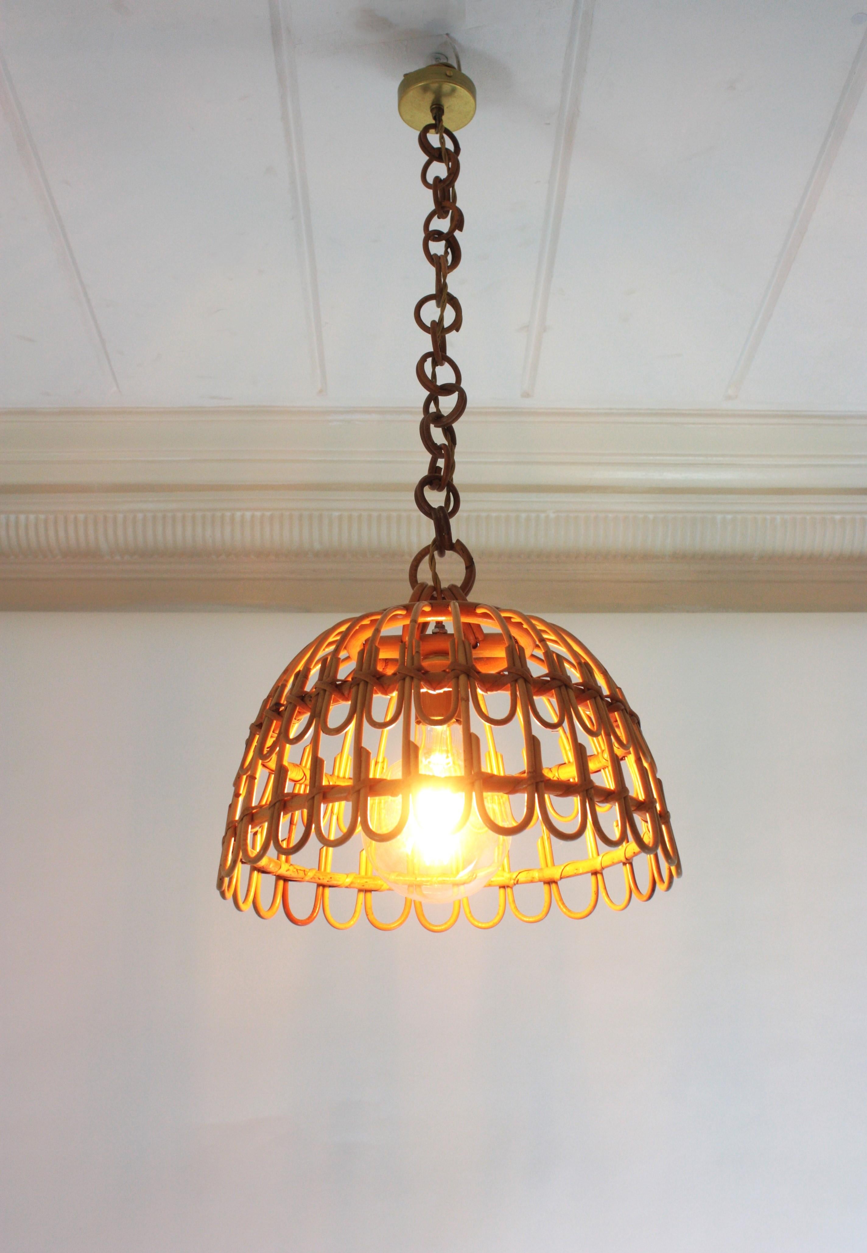 Pair of Rattan Bell Pendants / Hanging Lights, Spain 1960s For Sale 4