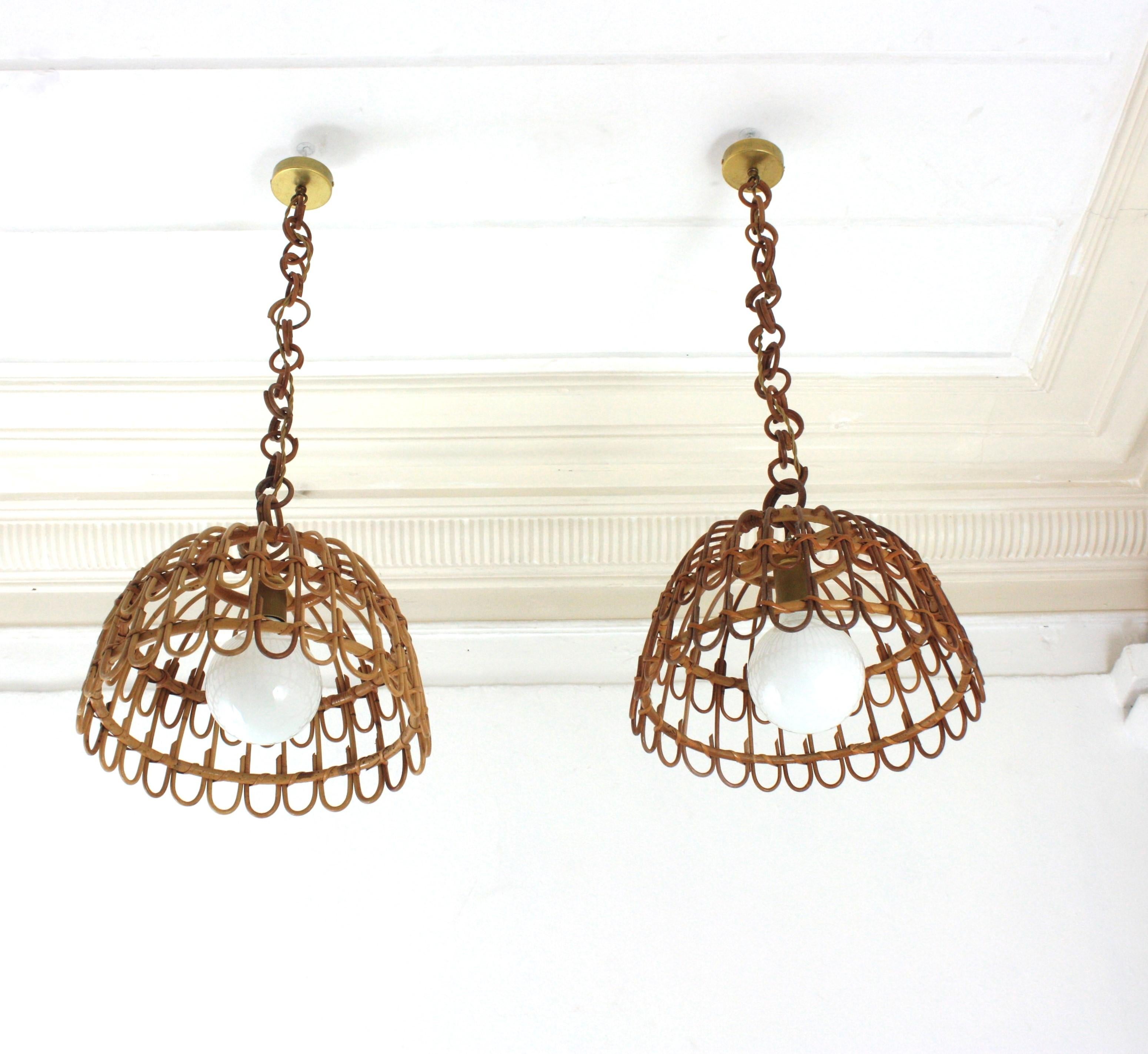Pair of Rattan Bell Pendants / Hanging Lights, Spain 1960s For Sale 5