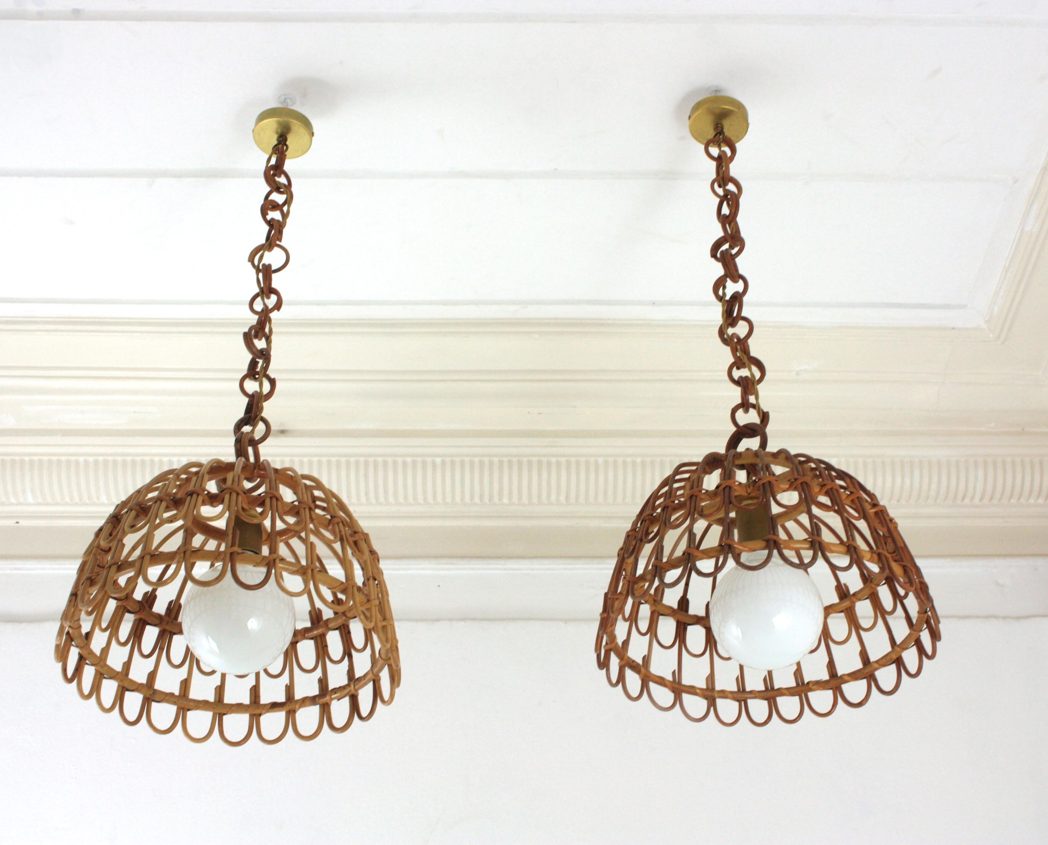 Pair of Rattan Bell Pendants / Hanging Lights, Spain 1960s For Sale 6