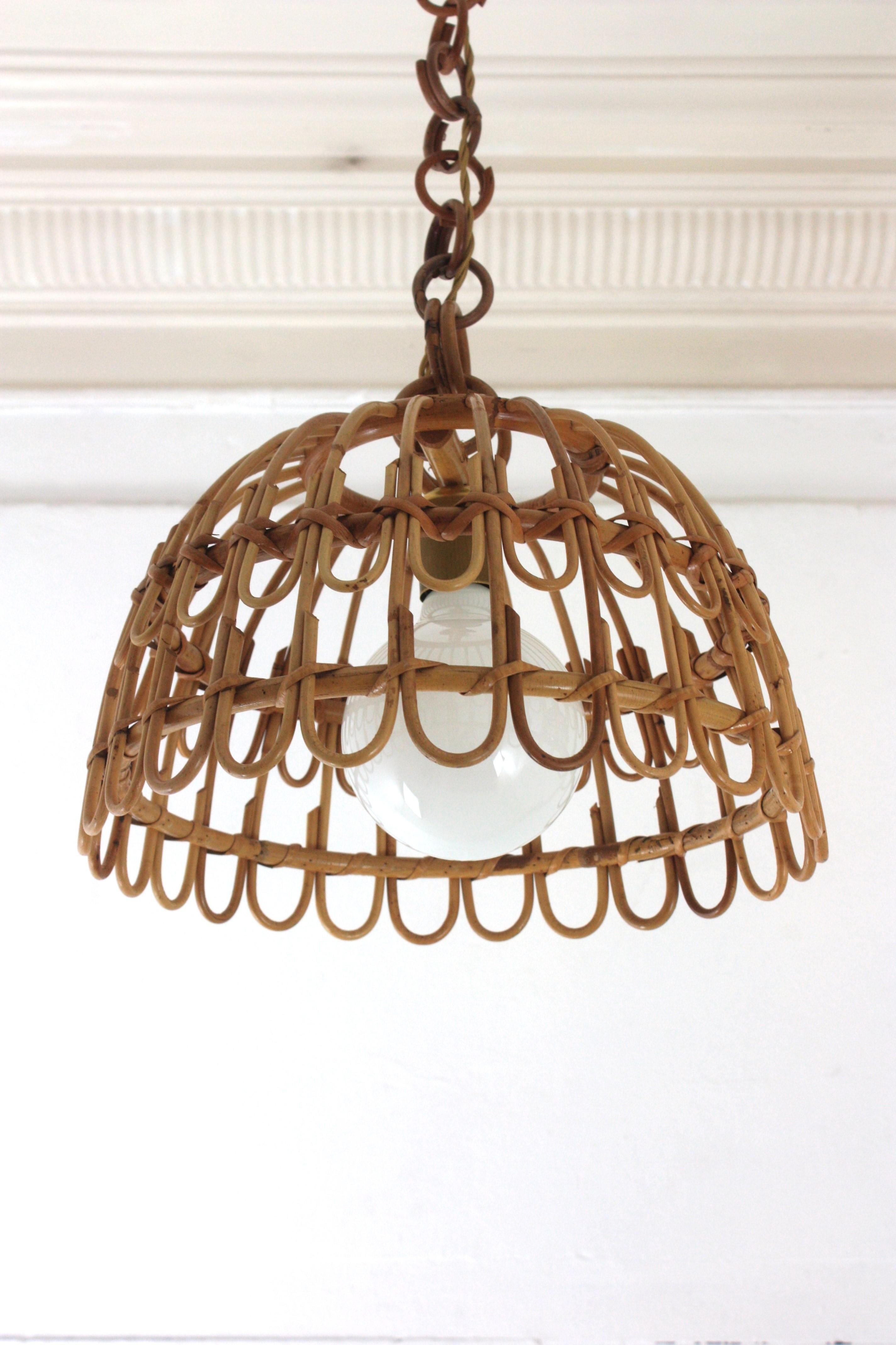 Pair of Rattan Bell Pendants / Hanging Lights, Spain 1960s For Sale 7