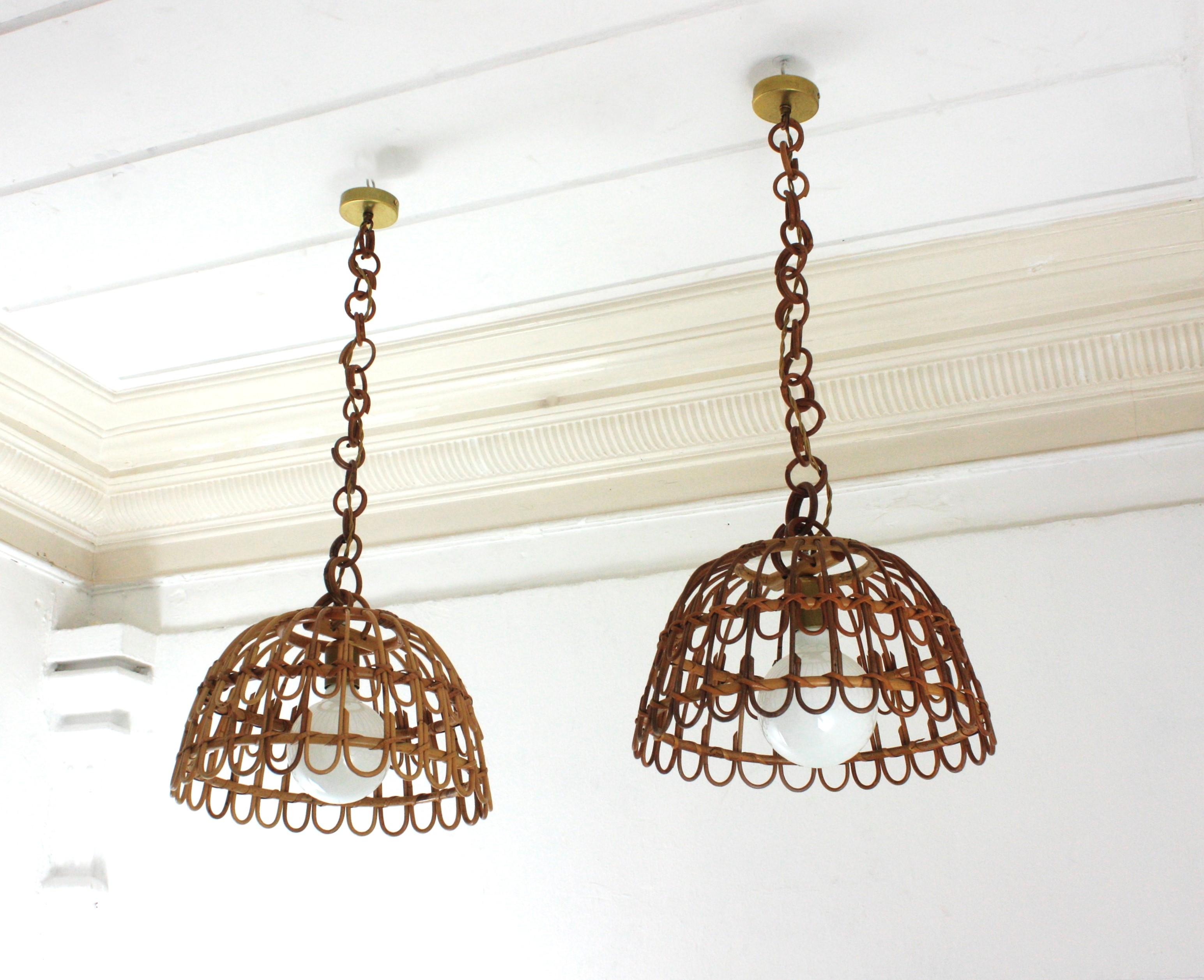 Pair of Rattan Bell Pendants / Hanging Lights, Spain 1960s For Sale 9