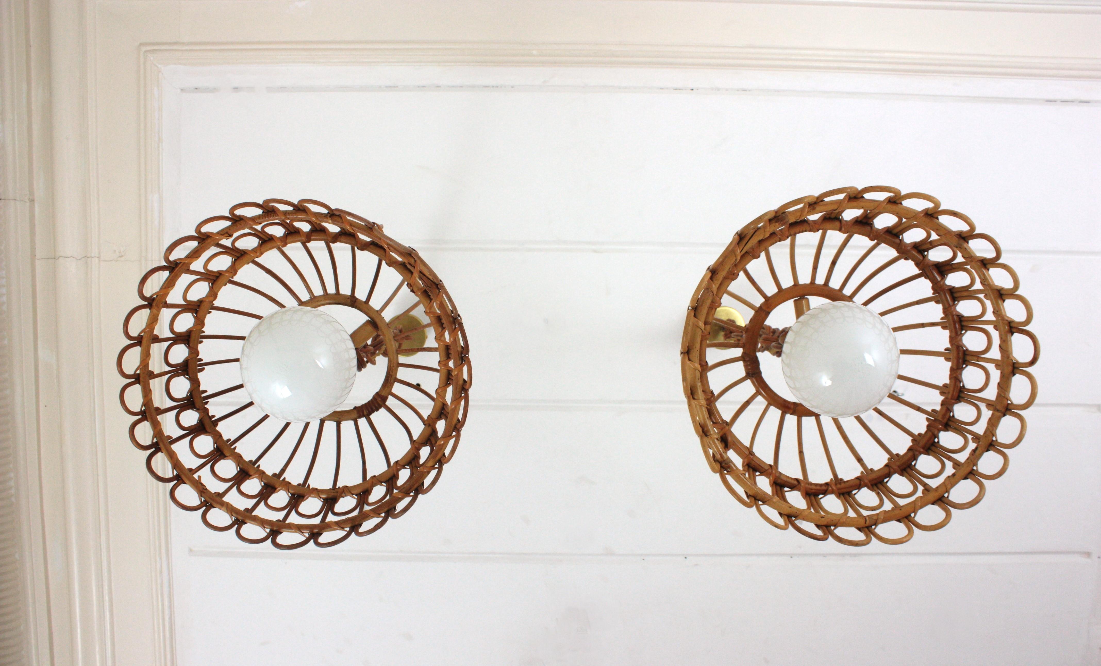 Pair of Rattan Bell Pendants / Hanging Lights, Spain 1960s For Sale 11