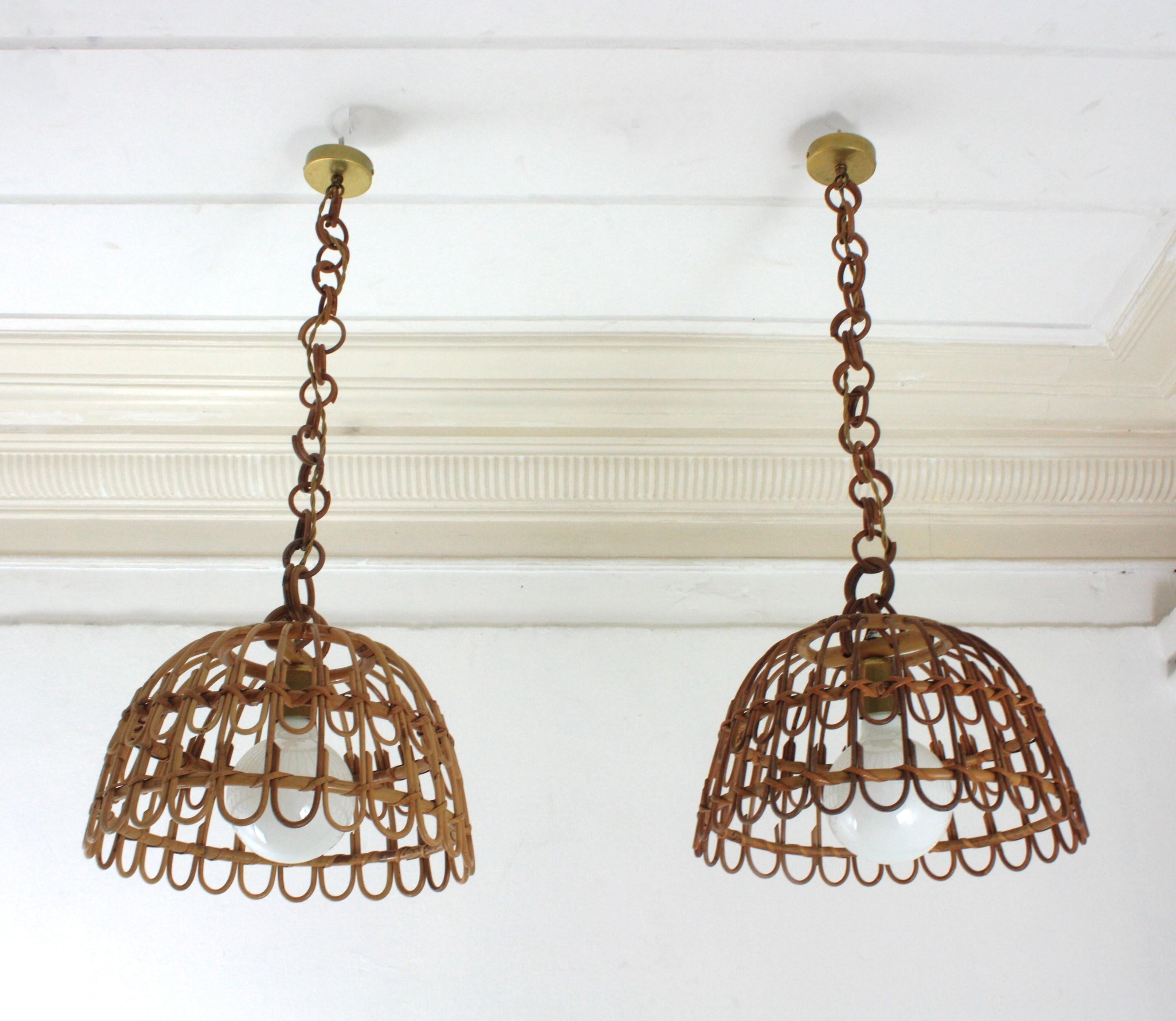 Mid-Century Modern Pair of Rattan Bell Pendants / Hanging Lights, Spain 1960s For Sale