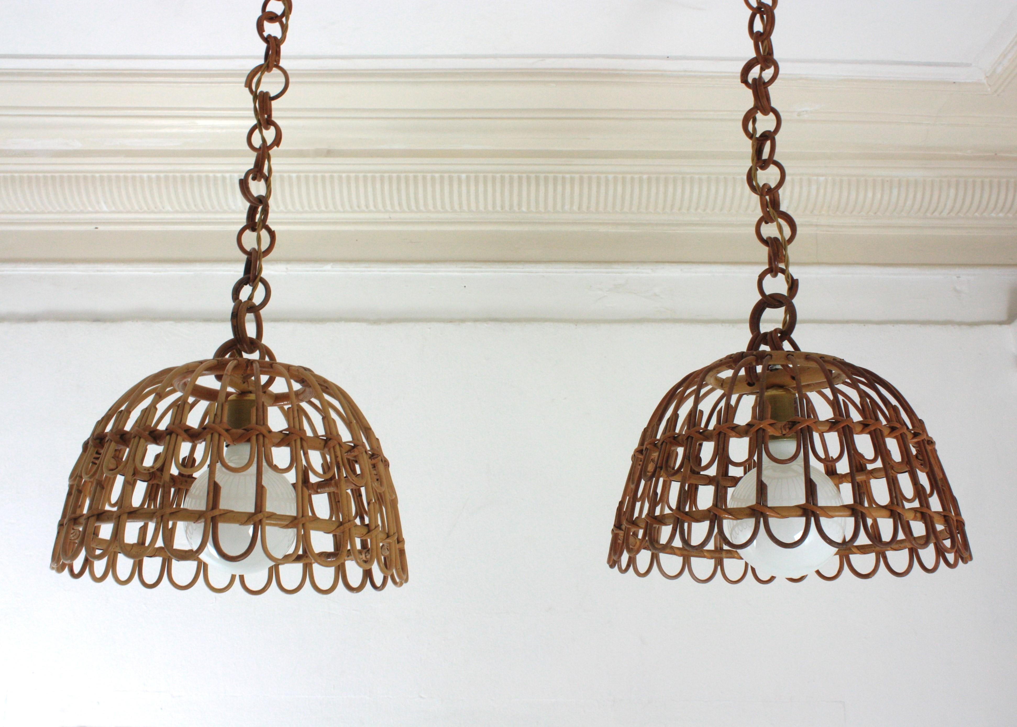 Spanish Pair of Rattan Bell Pendants / Hanging Lights, Spain 1960s For Sale