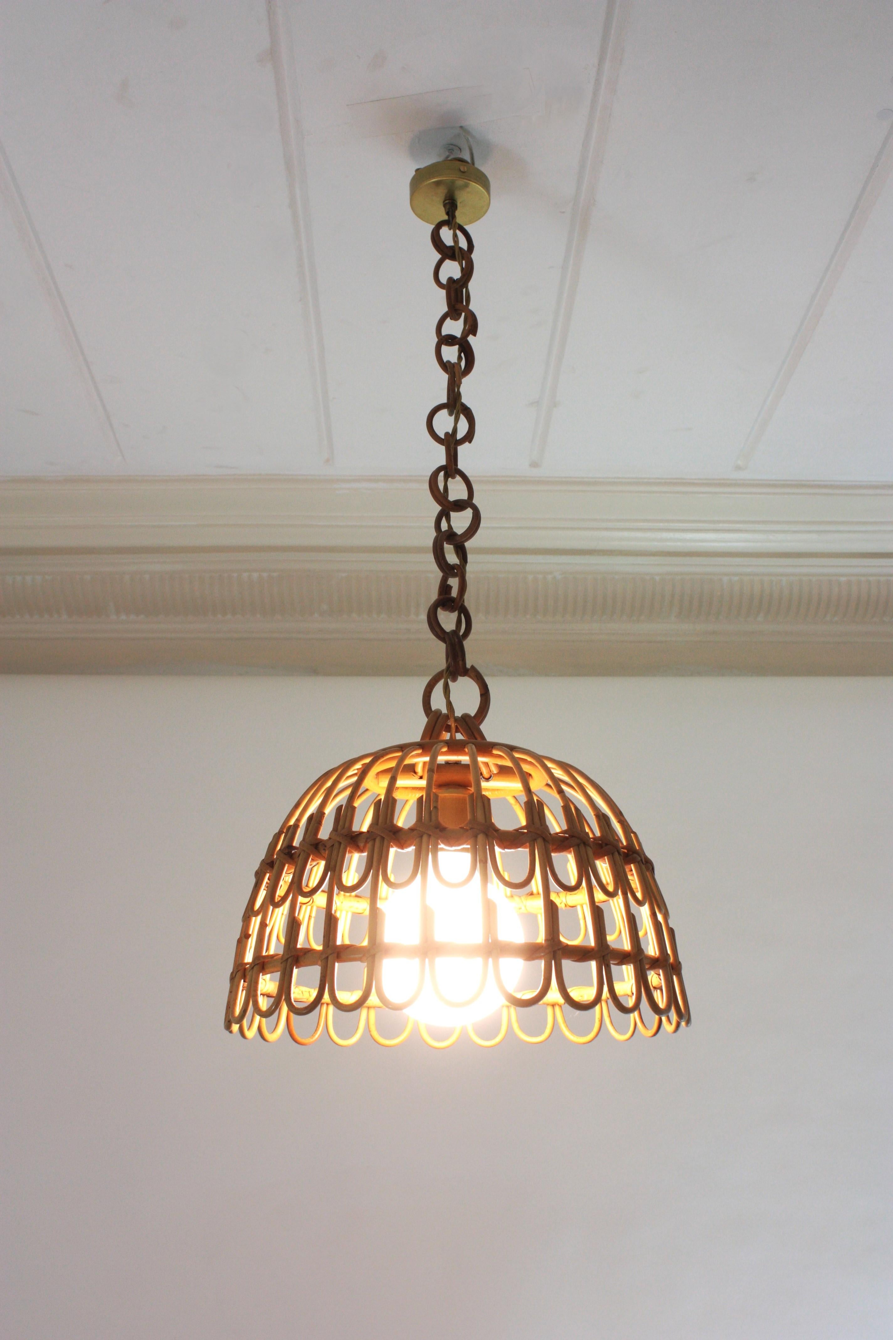 Hand-Crafted Pair of Rattan Bell Pendants / Hanging Lights, Spain 1960s For Sale