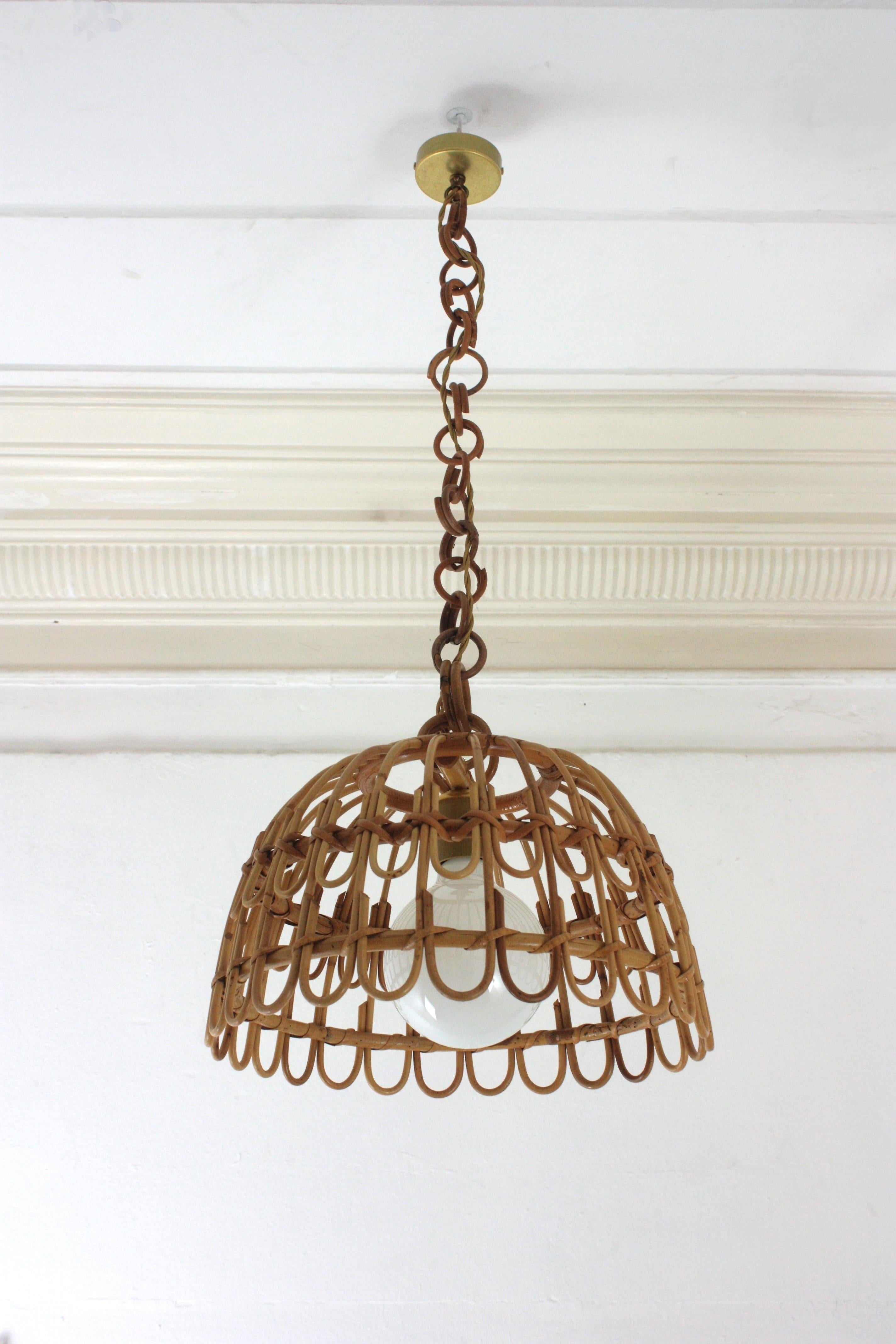Pair of Rattan Bell Pendants / Hanging Lights, Spain 1960s In Good Condition For Sale In Barcelona, ES